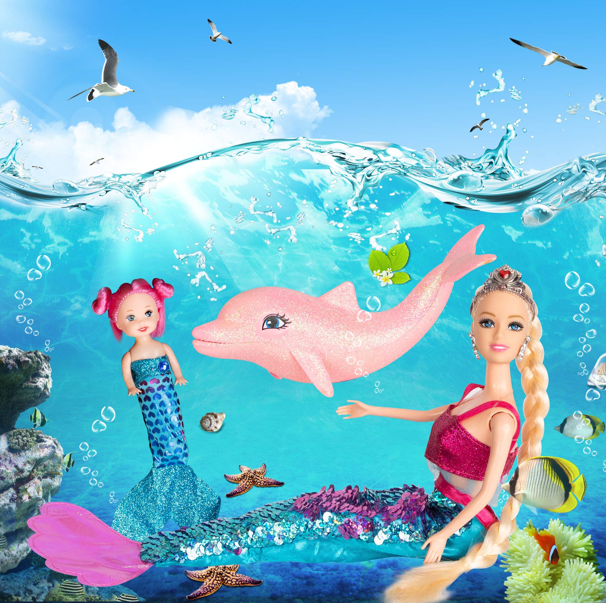 **Mermaid Princess Doll Set with Little Mermaid & Pink Dolphin - Blonde Hair Mermaid Toy with Accessories - Perfect Gift for Girls Ages 3-7 - Underwater Adventure Play for Kids**