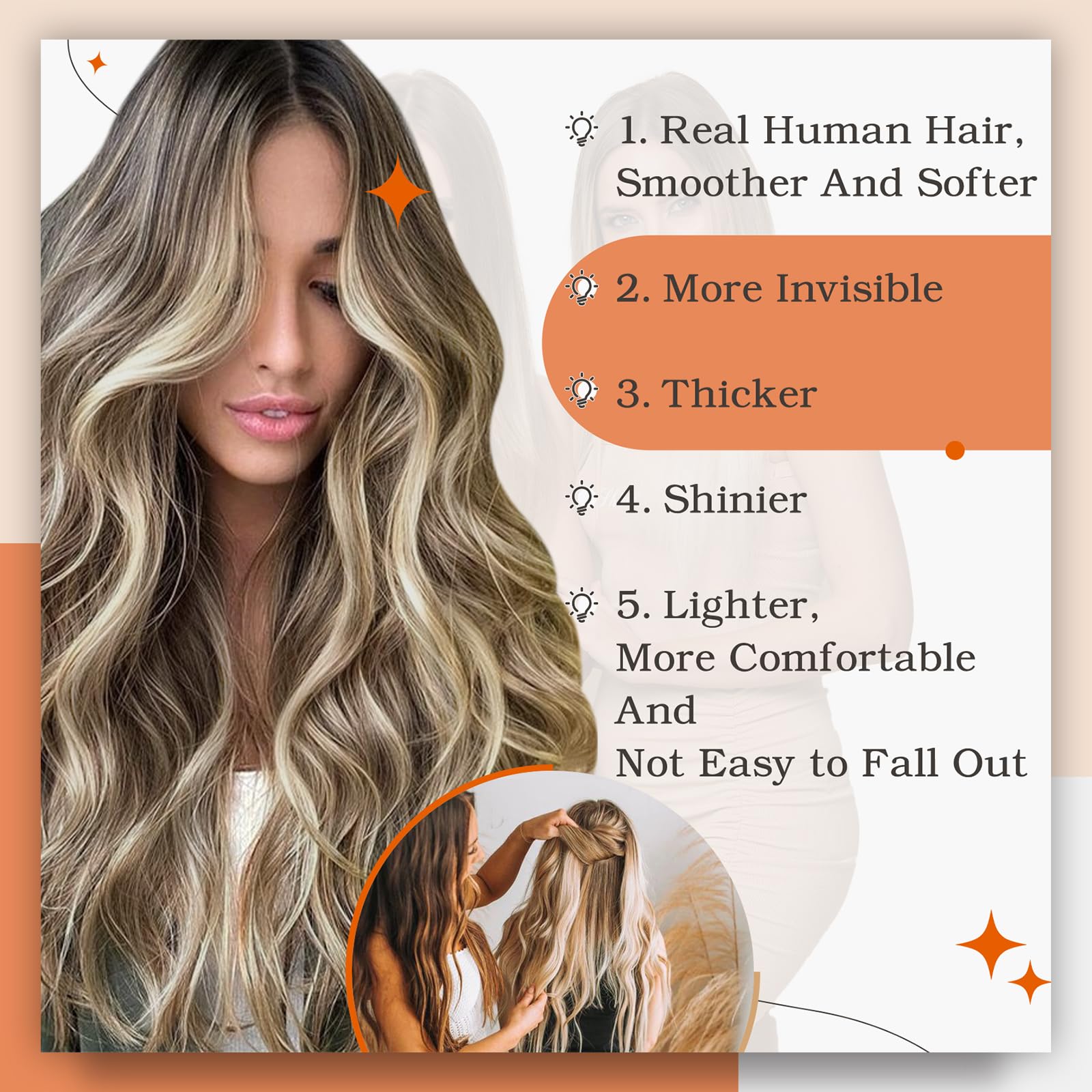 20 Inch Full Shine Human Hair Extensions - 100% Real Human Hair Sew-In & Balayage Tape-In Extensions for Volume & Length - Perfect for Weddings, Parties & Daily Styling