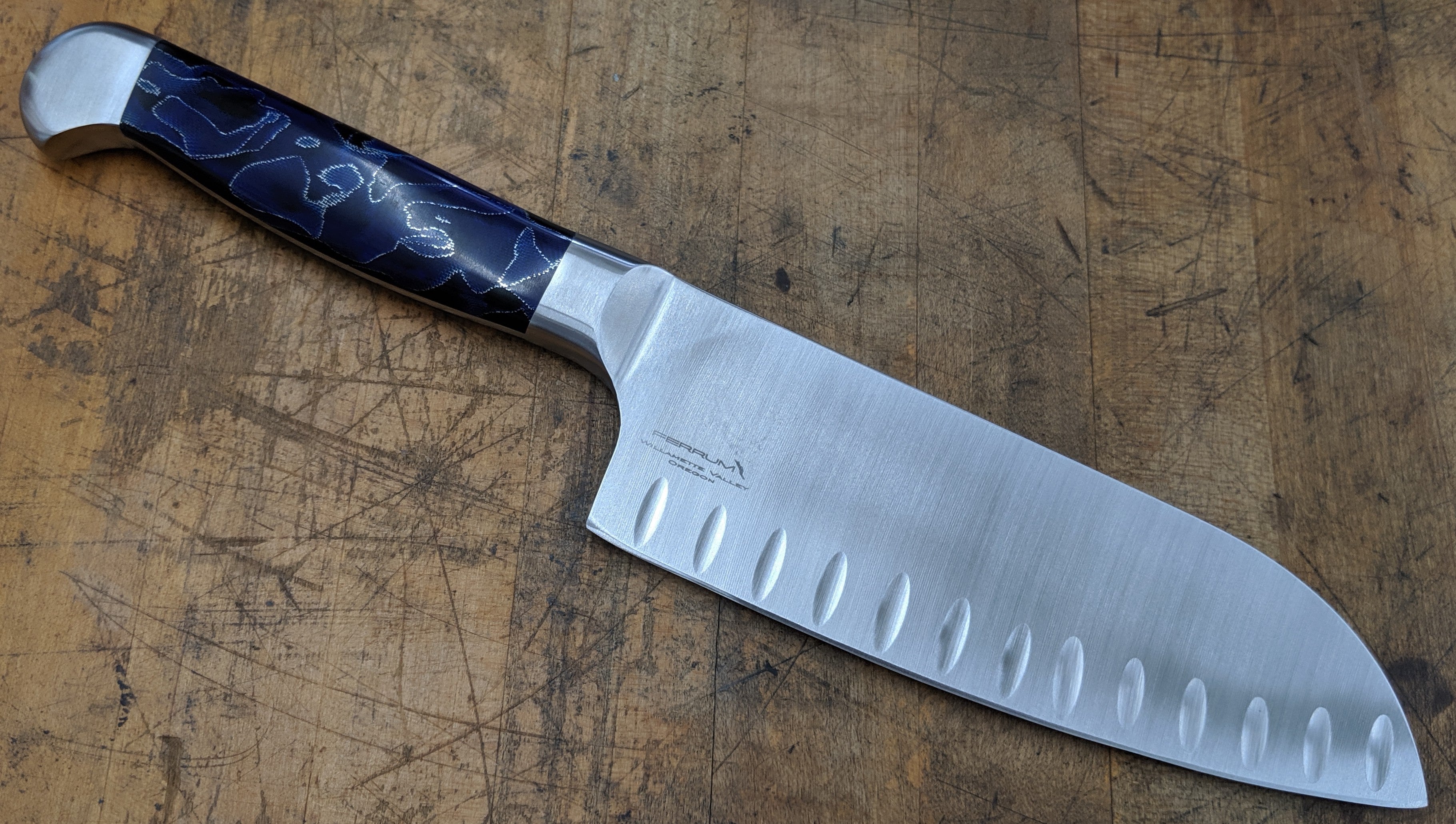 Ferrum BLUE LIGHTNING Santoku Knife 7 Inch - Premium Japanese Kitchen Knife for Professional Chefs & Home Cooking - Perfect for Slicing, Dicing & Chopping Vegetables, Meat & Fish