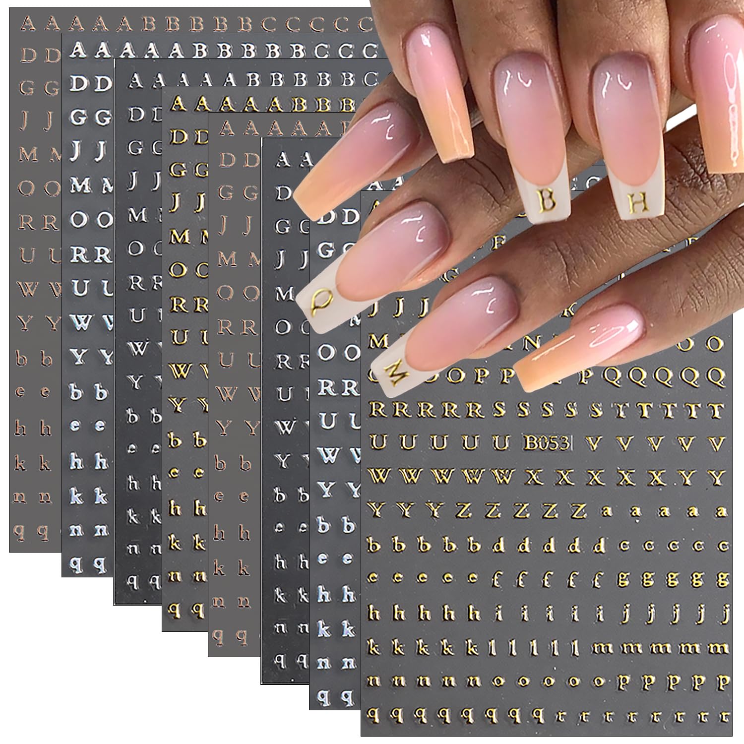 8 Sheets 3D Self-Adhesive Nail Art Stickers - Laser Black White Gold Silver English Letters Nail Decals for Women & Girls | DIY Nail Decor for Parties, Weddings, Holidays & Everyday Fashion