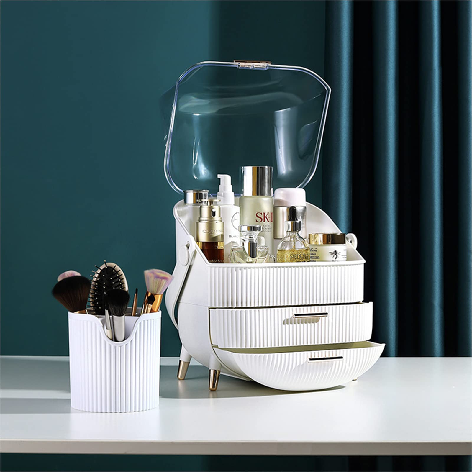White Makeup Storage Organizer - Cosmetic Display Case with Brush Holder & Lipstick Organizer, Skincare Organizer for Bathroom Countertop, Bedroom Vanity Desk & Travel | Perfect for Daily Beauty Routine & Travel Essentials