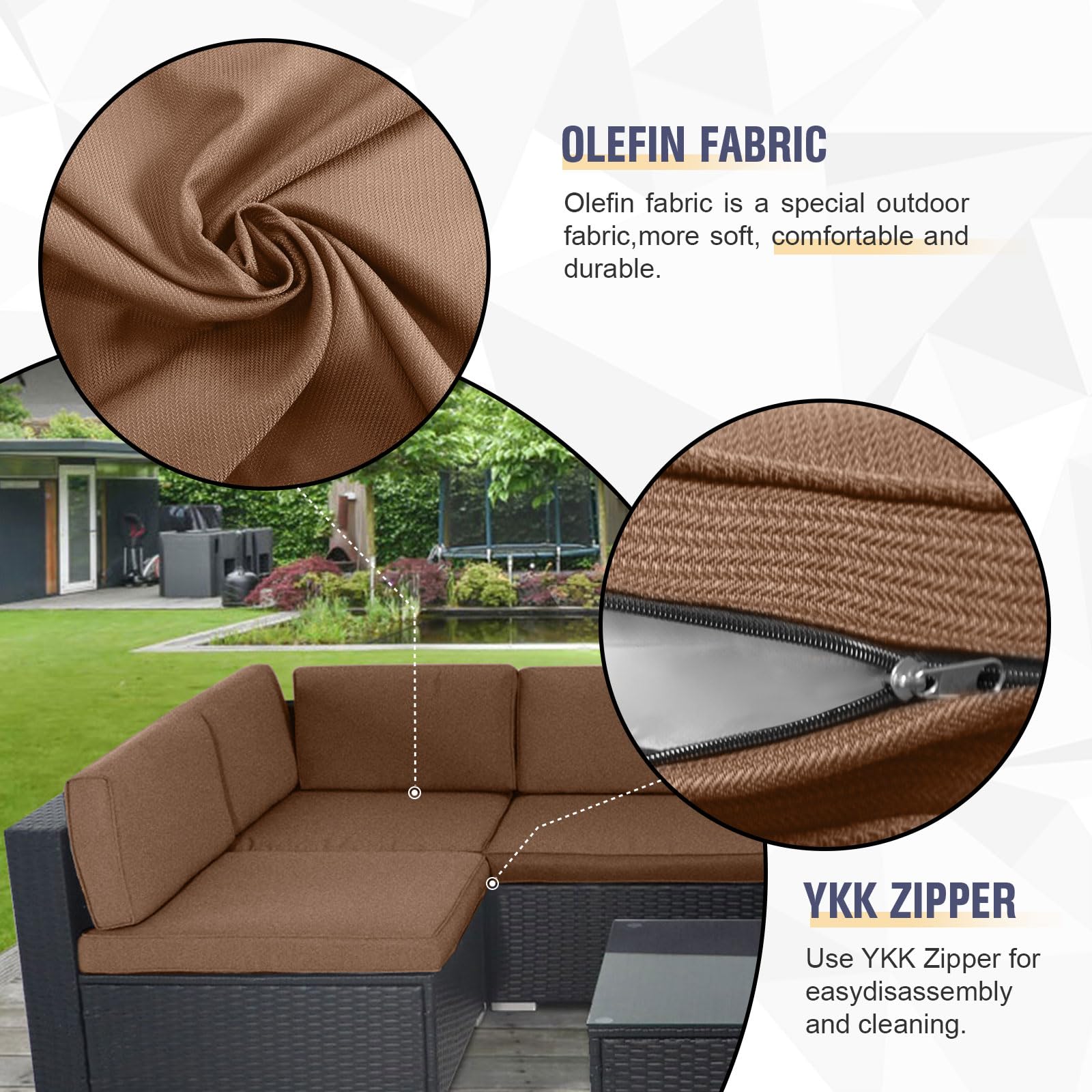 14-Piece Outdoor Patio Cushion Cover Set with Zipper - 6 Seat Covers, 4 Back Covers & 4 Side Covers - Replacement Slipcovers for Patio Furniture, Sofa & Outdoor Couch (Brown) - Weatherproof & UV Resistant for Deck, Porch & Backyard Use