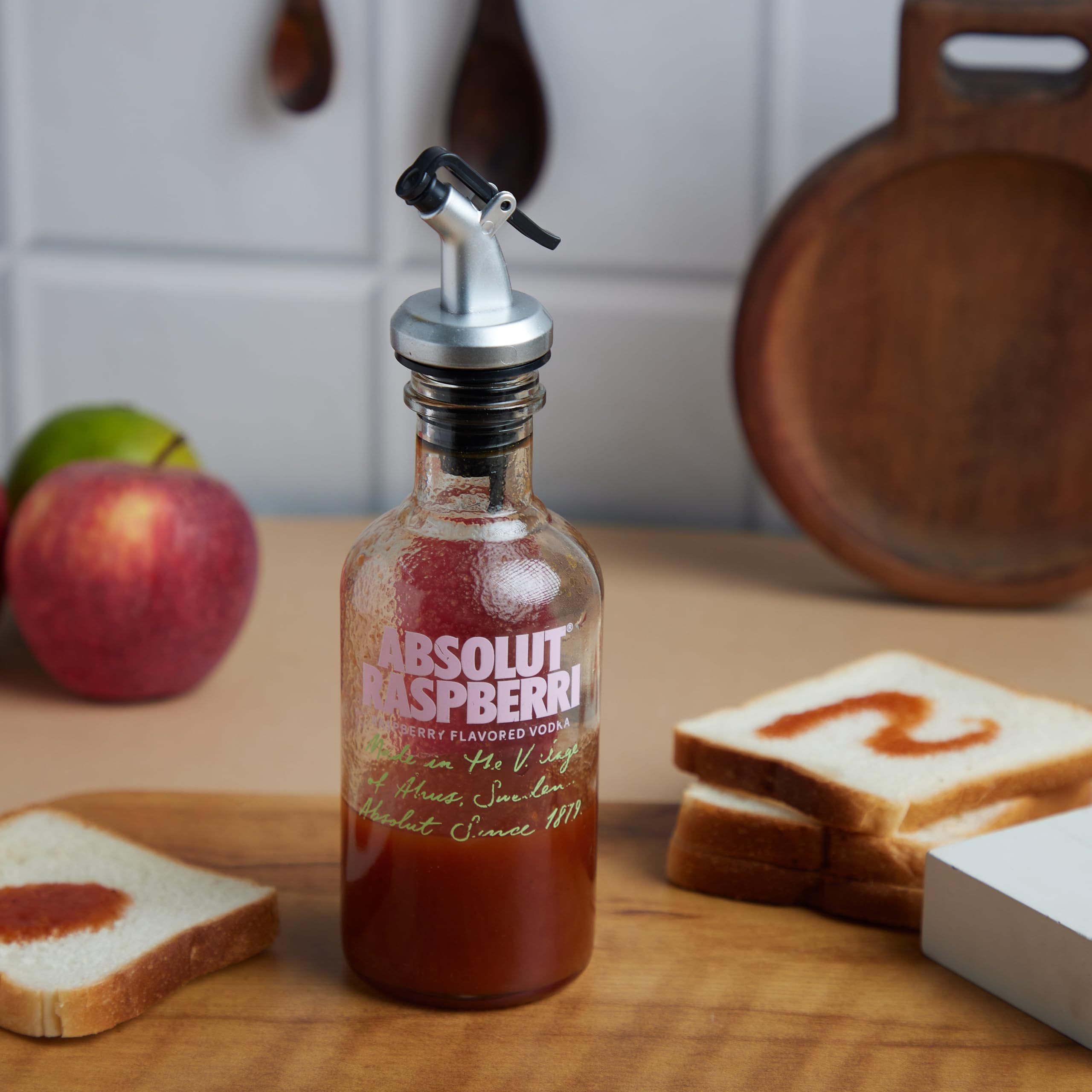 Upcycled Lotus Bottle Art Absolut Mini Olive Oil Dispenser (Raspberry) - Eco-Friendly Glass Bottle for Vodka, Wine, Vinegar & Soy Sauce | Perfect for Restaurants, Kitchens & Unique Gift Ideas | Elegant Home Decor & Sustainable Dining Accessory