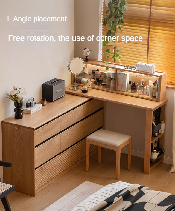 Solid Oak Wood Modern Extendable Dressing Table - Adjustable Vanity Desk for Makeup & Skincare - Perfect for Bedroom, Dorm, or Apartment