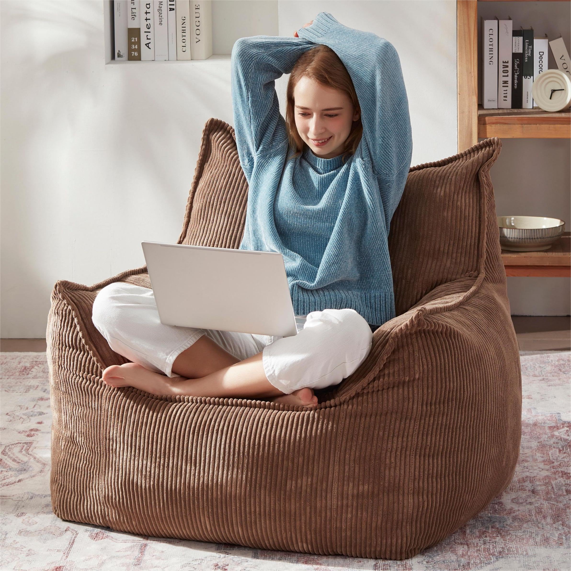 Giant Bean Bag Chair for Adults & Teens - Extra Large Comfy Corduroy Bean Bag Sofa with Armrests & Included Filler - Perfect for Bedroom, Living Room, Game Room & Dorm Relaxation