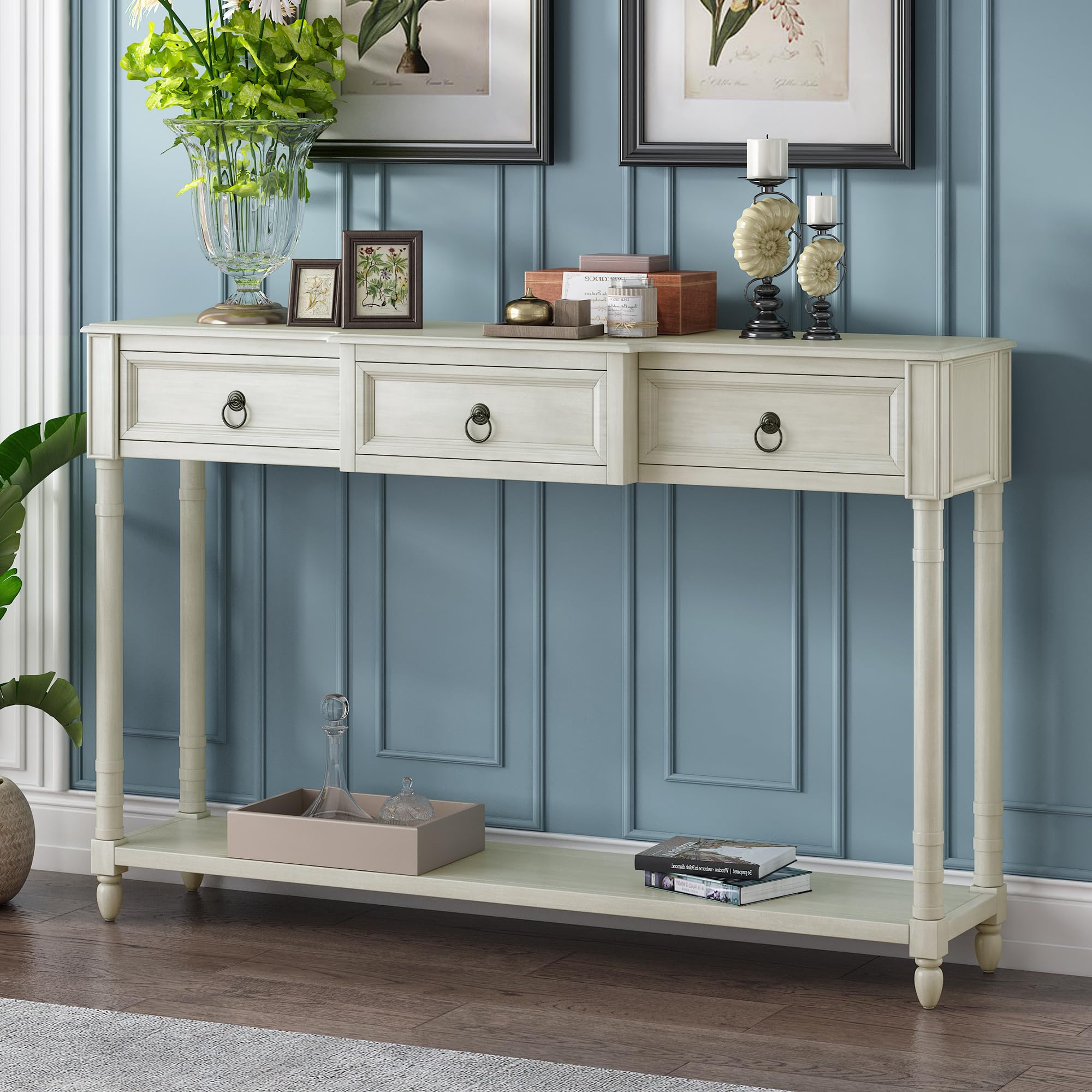 Merax Antique White Console Table with Drawers & Long Shelf - Entryway Sofa Table, Hallway Sideboard for Living Room, Bedroom & Office Organization