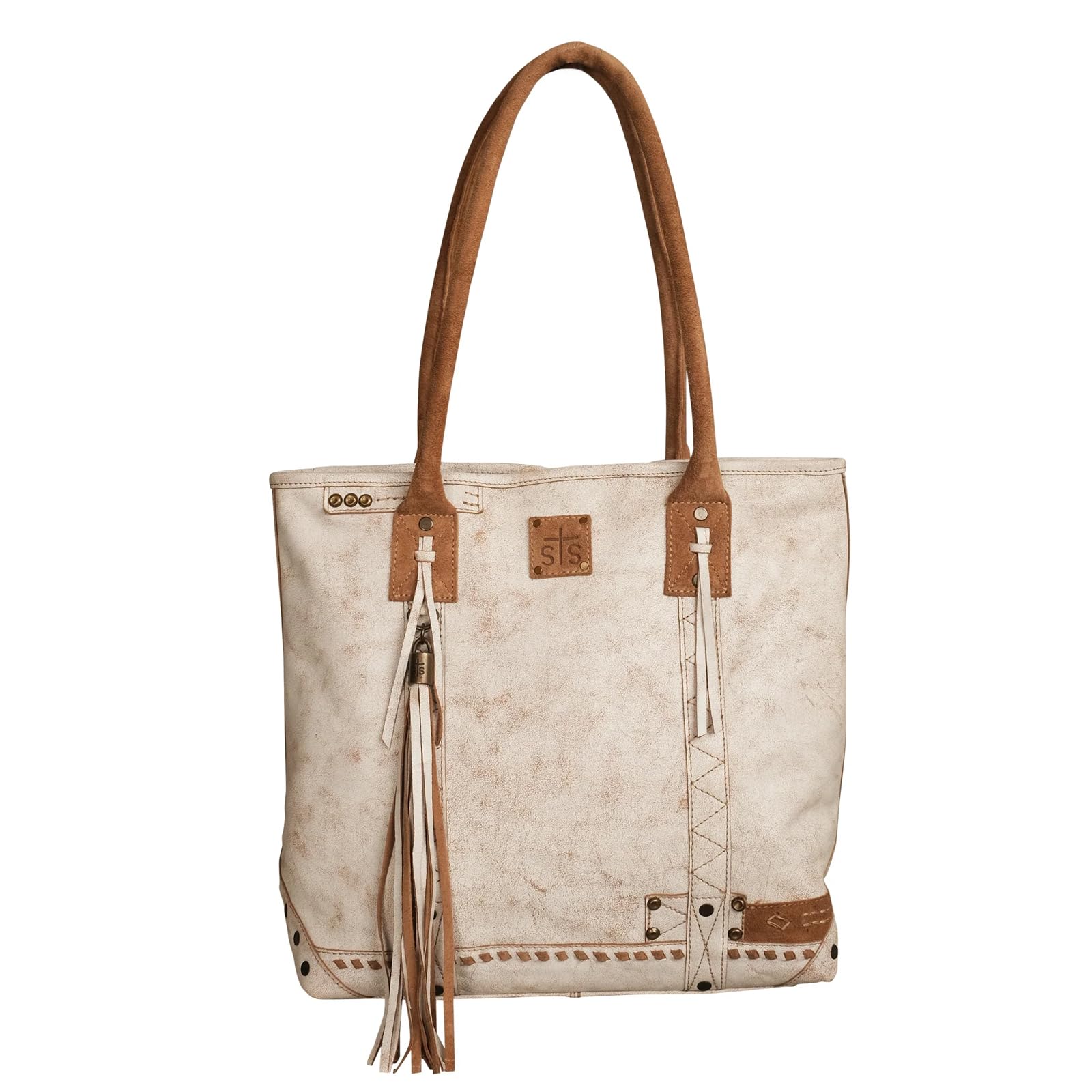 STS Ranchwear Women's Cremello White & Tan Leather Tote Bag - Stylish Western Handbag for Work, Travel & Everyday Use