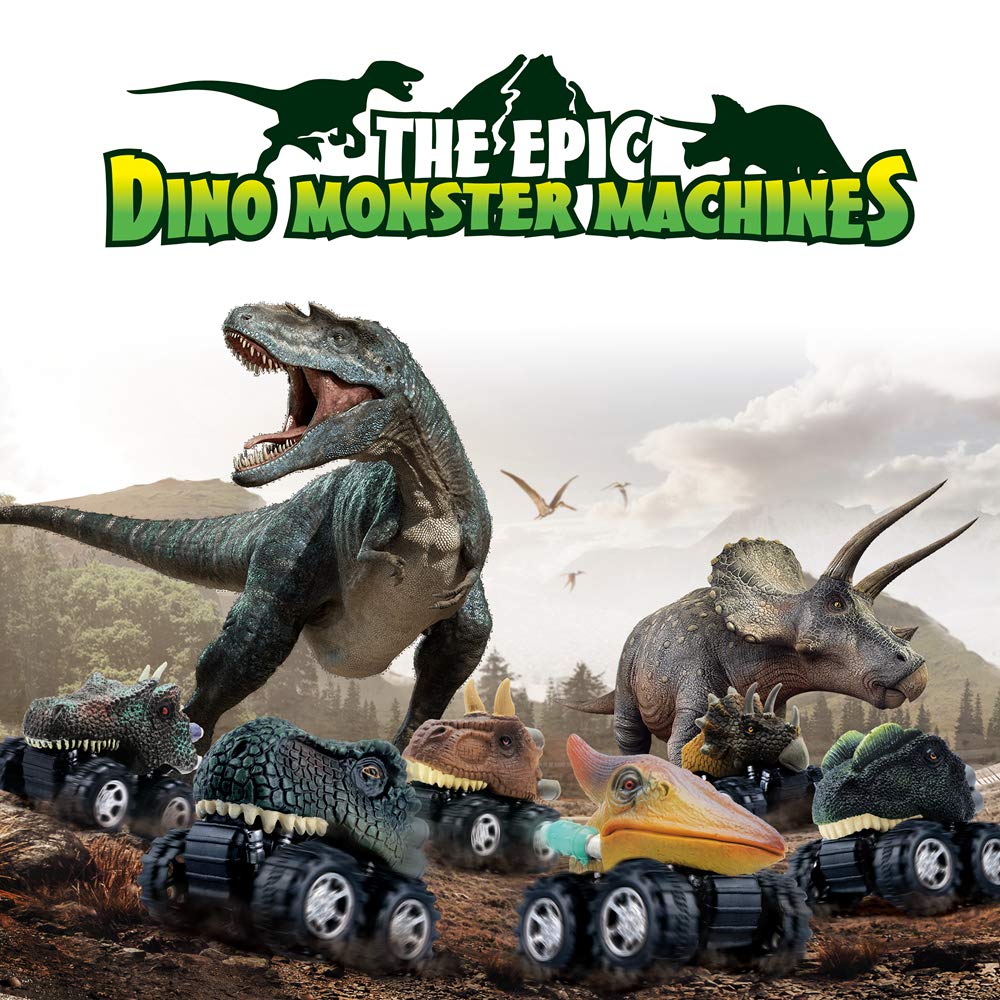 DINOBROS Dinosaur Pull Back Cars Toy Set - 6 Pack Dino T-Rex Vehicles for Boys & Girls Ages 3-7 - Fun Educational Toys for Kids Birthday Gifts & Pretend Play