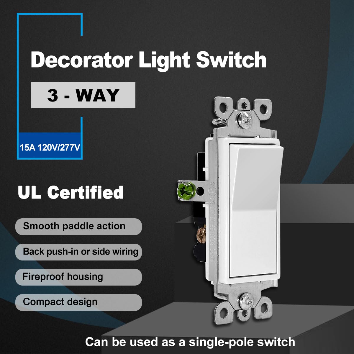 CML 3-Way Decorator Paddle Rocker Wall Light Switch - Single Pole or 3-Way, 15A 120V/277V, Gloss White - Perfect for Living Rooms, Bedrooms & Offices - 3-Year Warranty