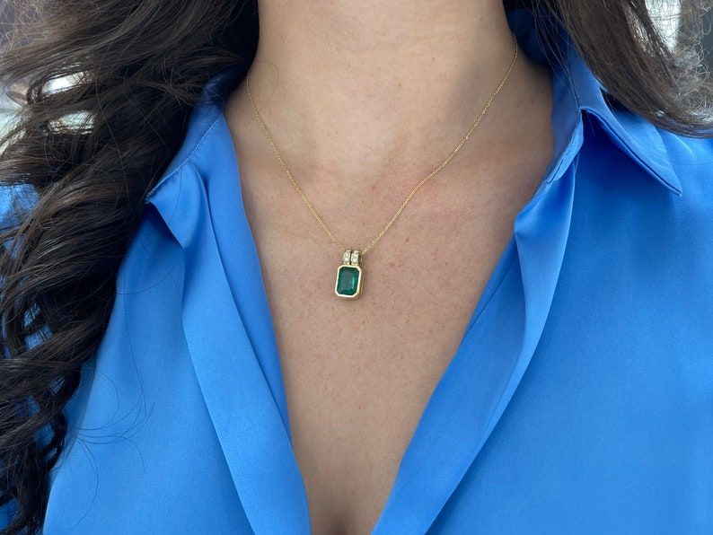 4.69tcw 18K Gold Pendant with Natural Dark Rich Green Emerald & Pave Diamond Accents - Elegant Bezel Set Split Bale Necklace for Women - Perfect for Weddings, Parties & Special Occasions