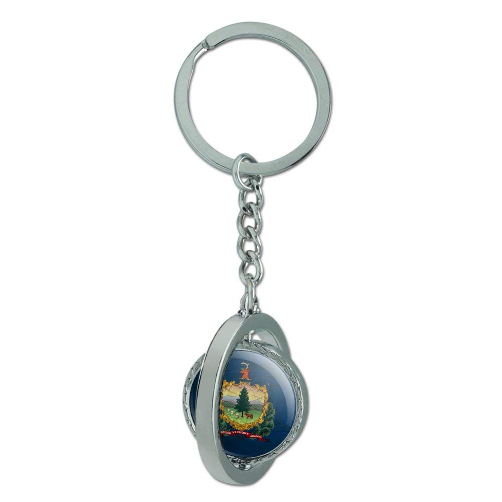 Vintage Rustic Vermont State Flag Keychain - Distressed USA Design, Spinning Round Chrome Plated Metal - Perfect for Backpacks, Gifts & Travel Accessories