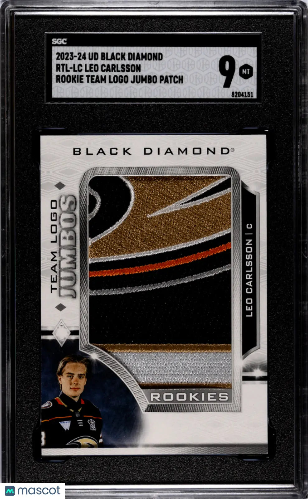 2023-24 Upper Deck Black Diamond Hockey Leo Carlsson Rookie Card - Team Logo Jumbo Patch SGC 9 Graded - Perfect for Collectors & Hockey Fans | Display in Home Office, Man Cave, or Sports Memorabilia Collection