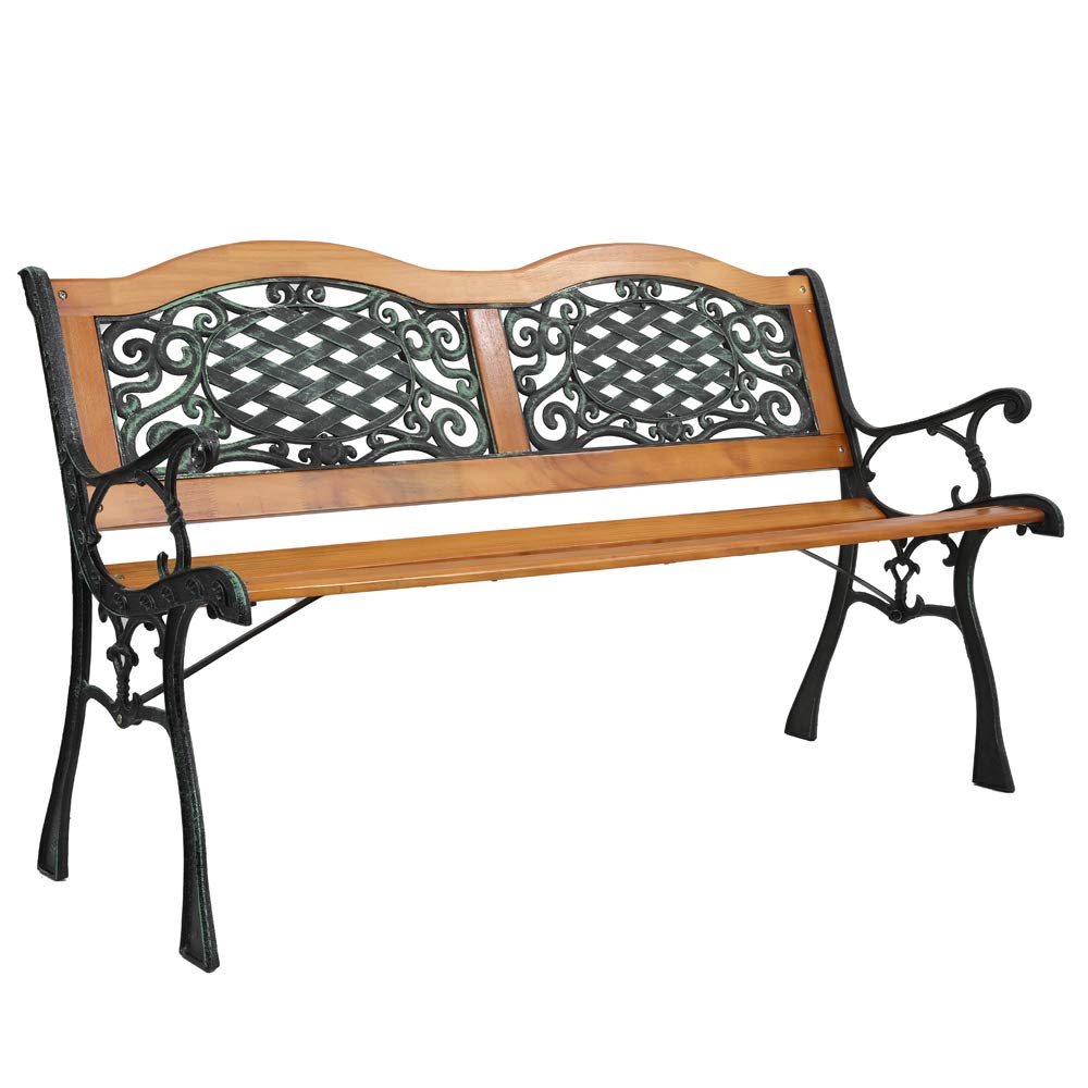 49 Inch Hardwood Garden Bench with Cast Iron Frame - Outdoor Patio, Park, Lawn & Deck Furniture for Relaxing in Gardens, Terraces & Backyards