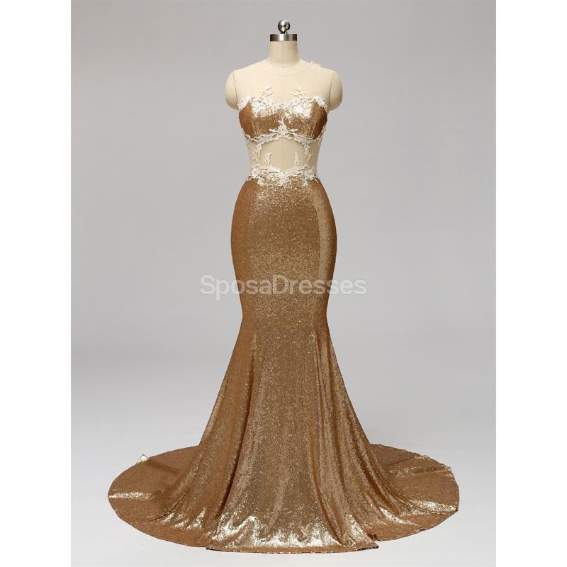 Sparkly Gold Sequin Sheer Mermaid Bridesmaid Dress - Elegant Formal Gown for Weddings, Prom & Evening Parties (Style WG595)