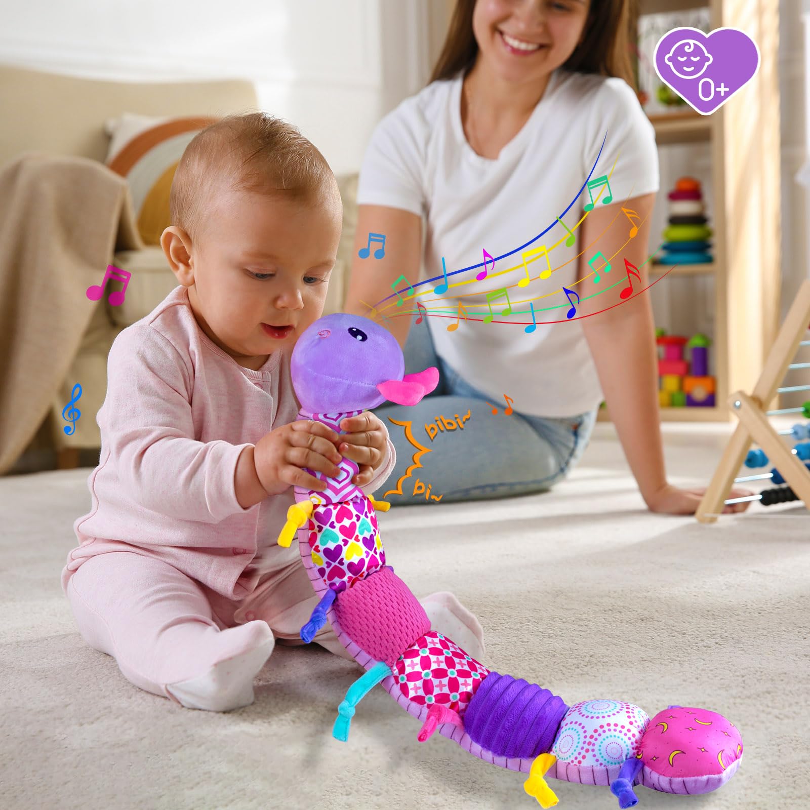 Soft Textured Baby Stuffed Animal Toy with Rattle & Crinkle Sounds - Sensory Developmental Toy for Infants 0-12 Months | Perfect Baby Shower Gift for Girls & Boys | Caterpillar Plush Toy in Purple for Tummy Time & Early Learning Play