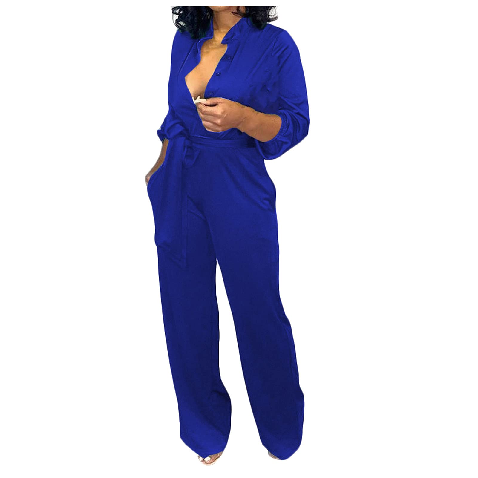 SERYU Women's Casual Solid Color Jumpsuit - Long Sleeve Button Down Romper with Wide Leg Pants, Pockets & Belt | Perfect for Work, Travel & Everyday Wear