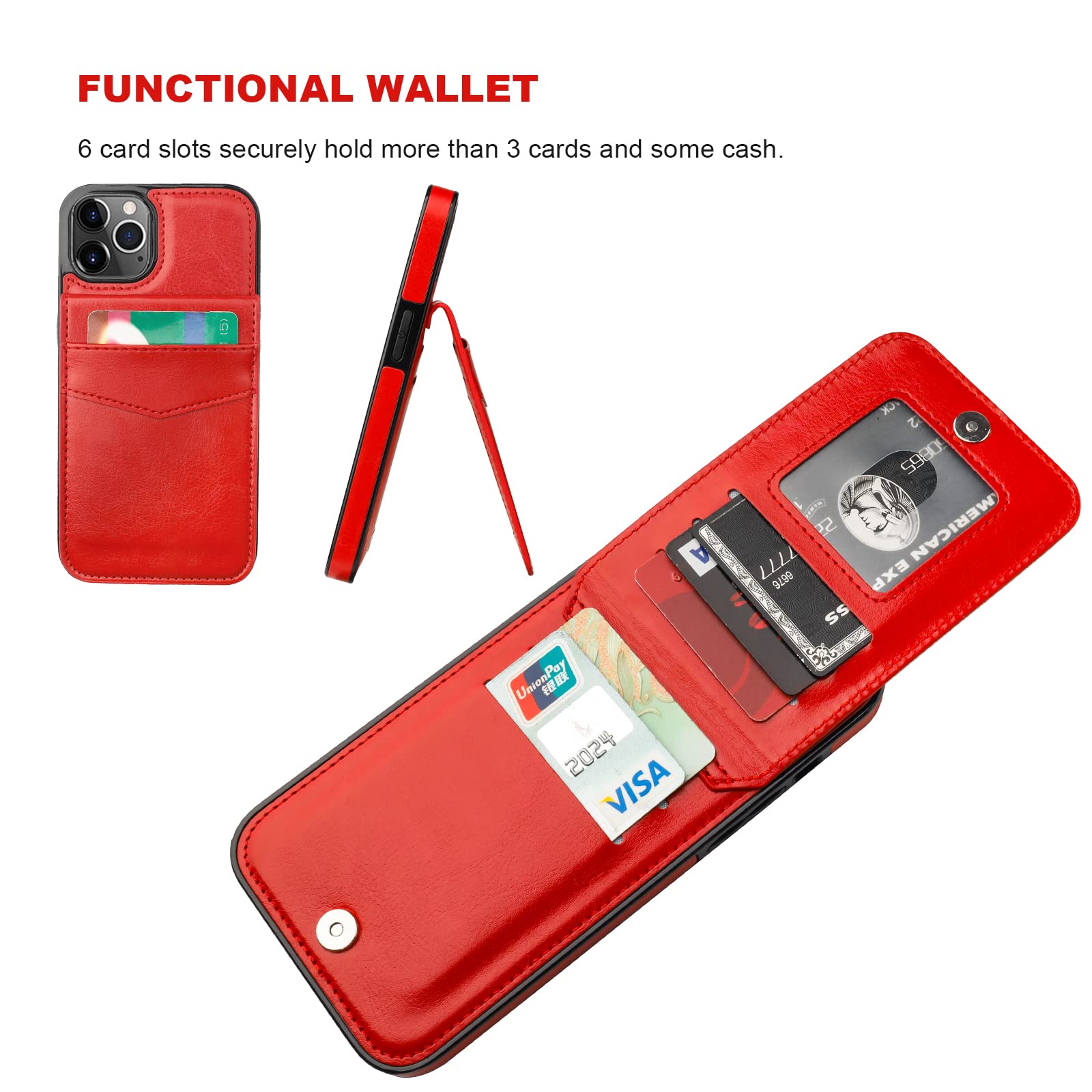 Premium Leather iPhone 12 Pro Max Wallet Case with Magnetic Clasp & Kickstand - Heavy Duty Protective Cover with Credit Card Holder (6.7 Inch, Red) | Perfect for Business Travel, Daily Commute & Hands-Free Viewing