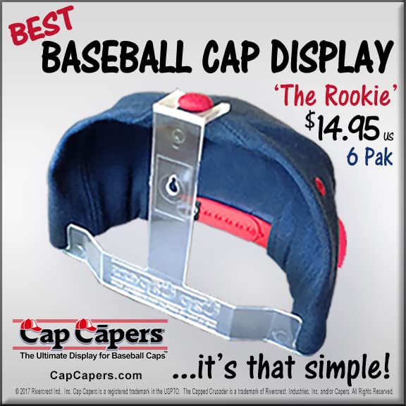 Cap Capers® Baseball Cap Display - Wall Mounted Hat Rack Organizer (6 Pack) for Cap Collectors | Perfect for Bedroom, Closet & Sports Memorabilia Storage