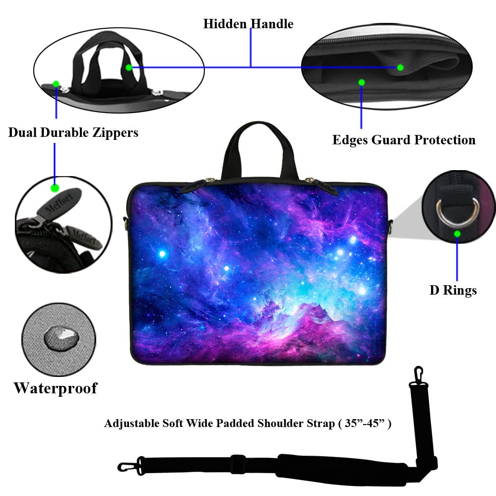 Meffort 15-15.6 Inch Neoprene Laptop Sleeve Case with Hidden Handle & Adjustable Shoulder Strap - Galaxy Print | Protective Cover for MacBook, Dell, HP | Perfect for Travel, School & Office Use