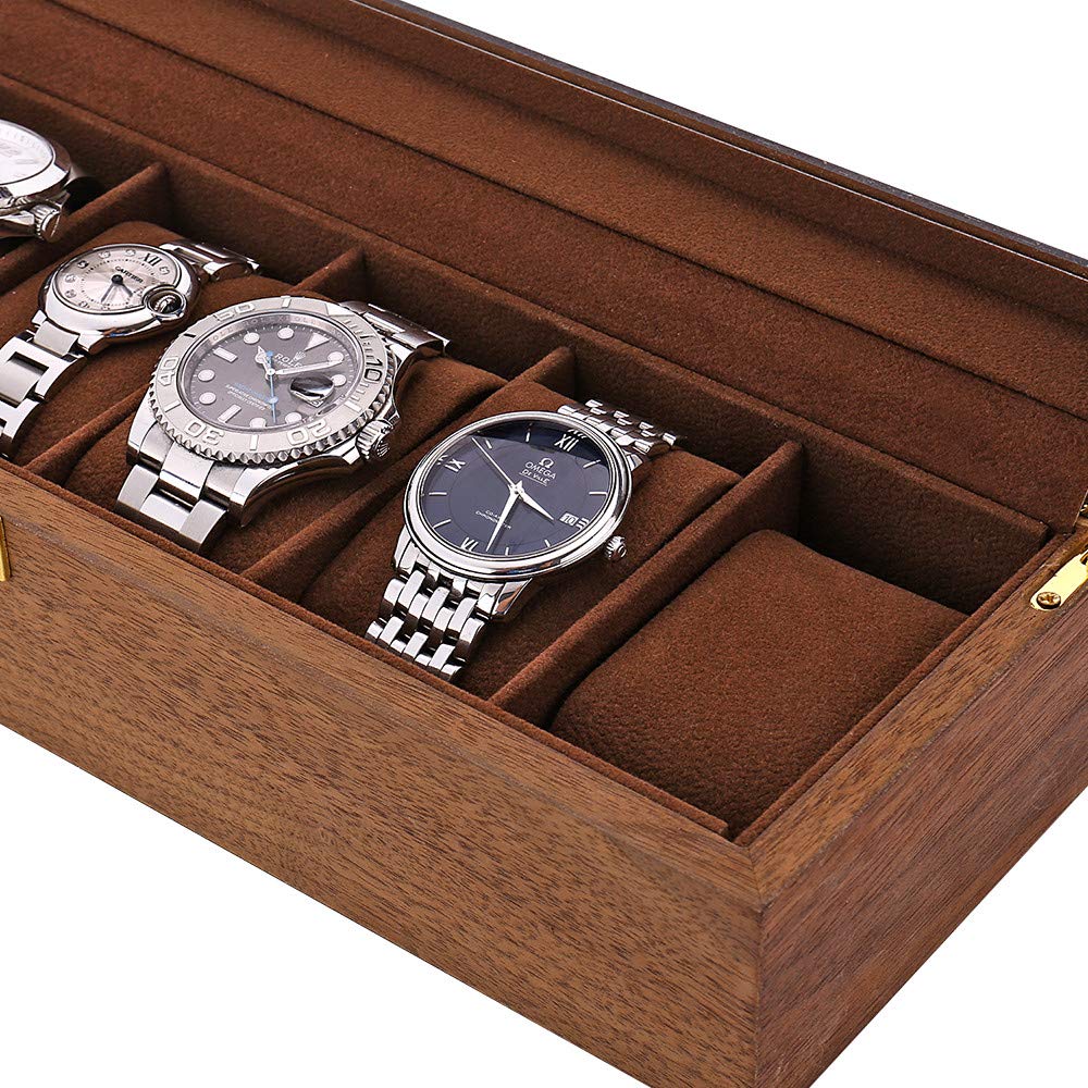 LESTAR 6-Slot Wooden Watch Box with Glass Top - Executive Watch Case & Jewelry Organizer for Men, Valet Tray & Display Storage - Perfect for Travel, Gifts & Home Decor
