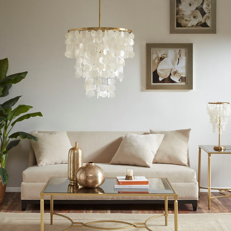 Isla Layered Capiz Shell Chandelier - Elegant Ceiling Light Fixture for Dining Room, Bedroom, or Living Room Decor