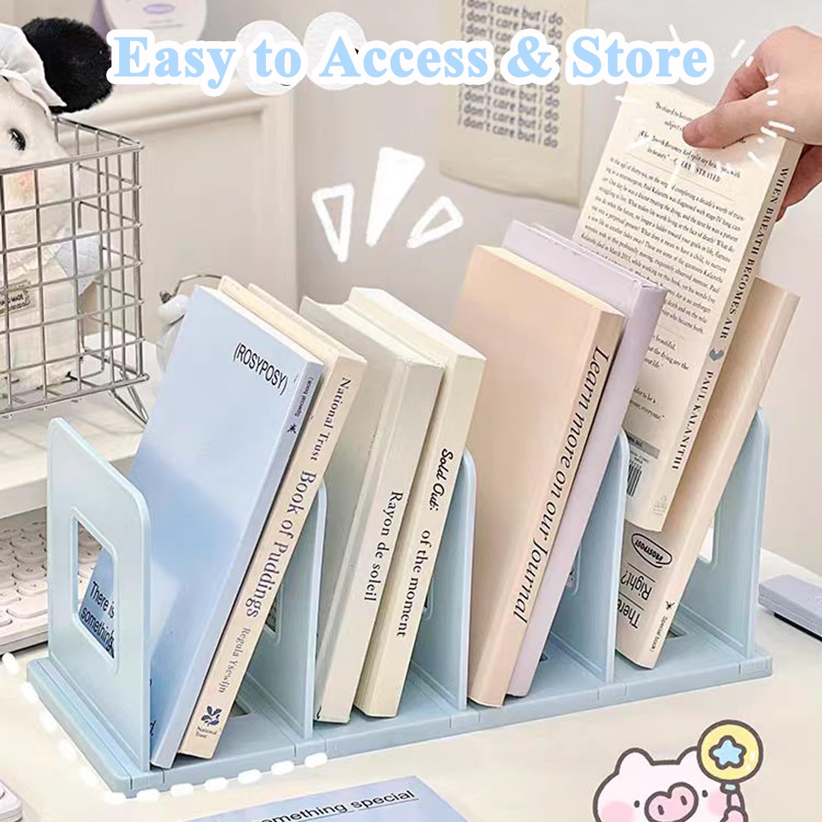 SAYEEC Vertical Desktop File Organizer - 4-Section Adjustable Plastic Book Holder, Shelf Dividers for Desk, Closet, Purse & Handbag Storage - Perfect for Mail, Binder, Magazine & Bookshelf Organization (Blue) - Ideal for Home Office, Dorm Room & Workspace Storage Solutions