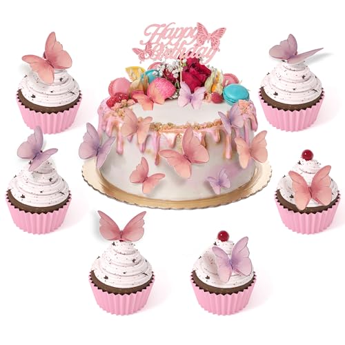 Pink and Purple Butterflies and Pink Cake Topper