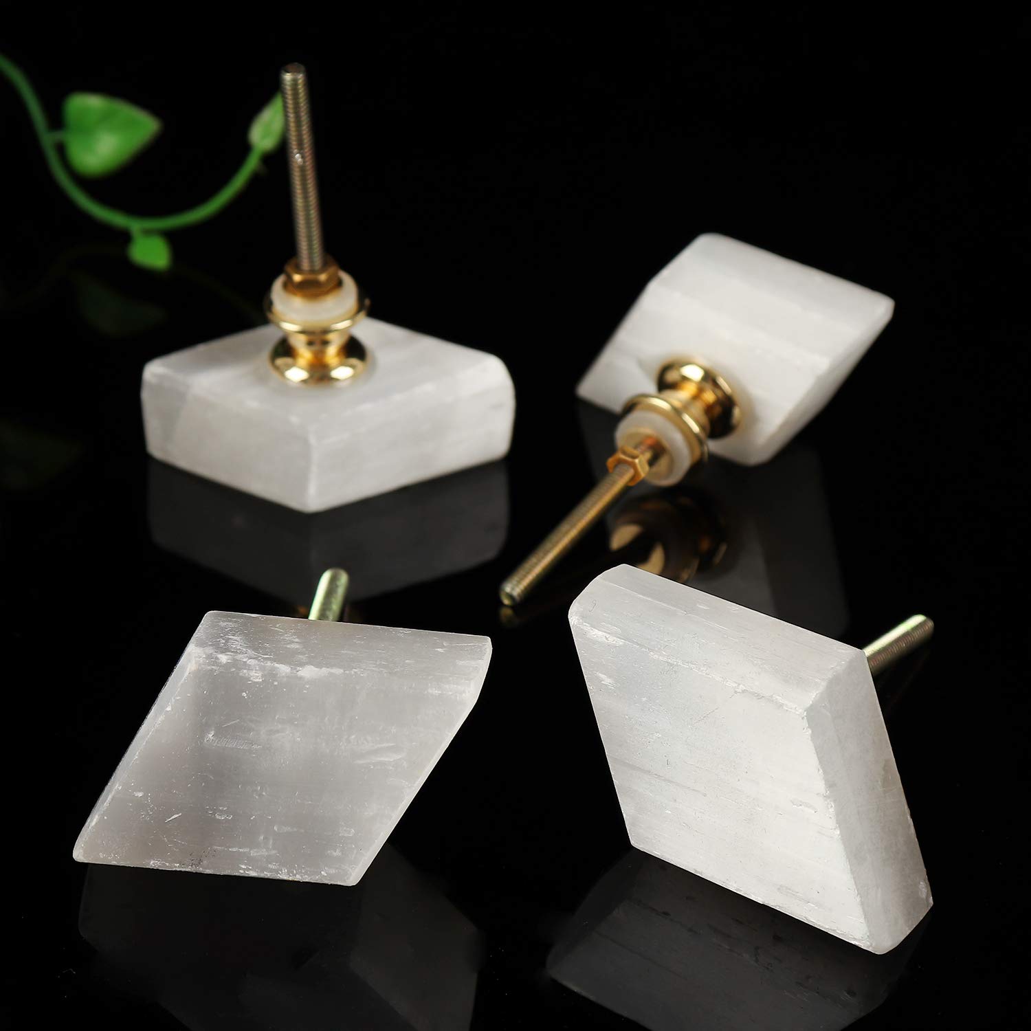 Natural Selenite Drawer Knobs - 4 Pack White Cabinet Handles for Nursery & Kitchen