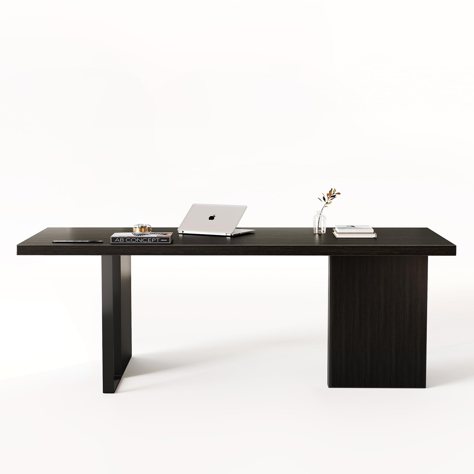 60-Inch Large Executive Desk - Modern Minimalist Wooden Computer Office Desk with Thickened Desktop & Built-in Power Outlet - Home & Business Workstation (Black) - Perfect for Remote Work, Gaming Setup & Office Productivity