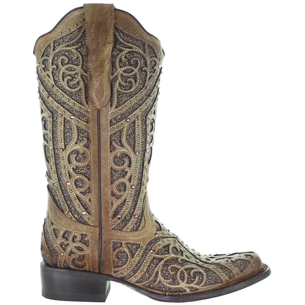 Women's Corral Glitter Tooled Inlay Square Toe Mid Calf Boots - 1-2