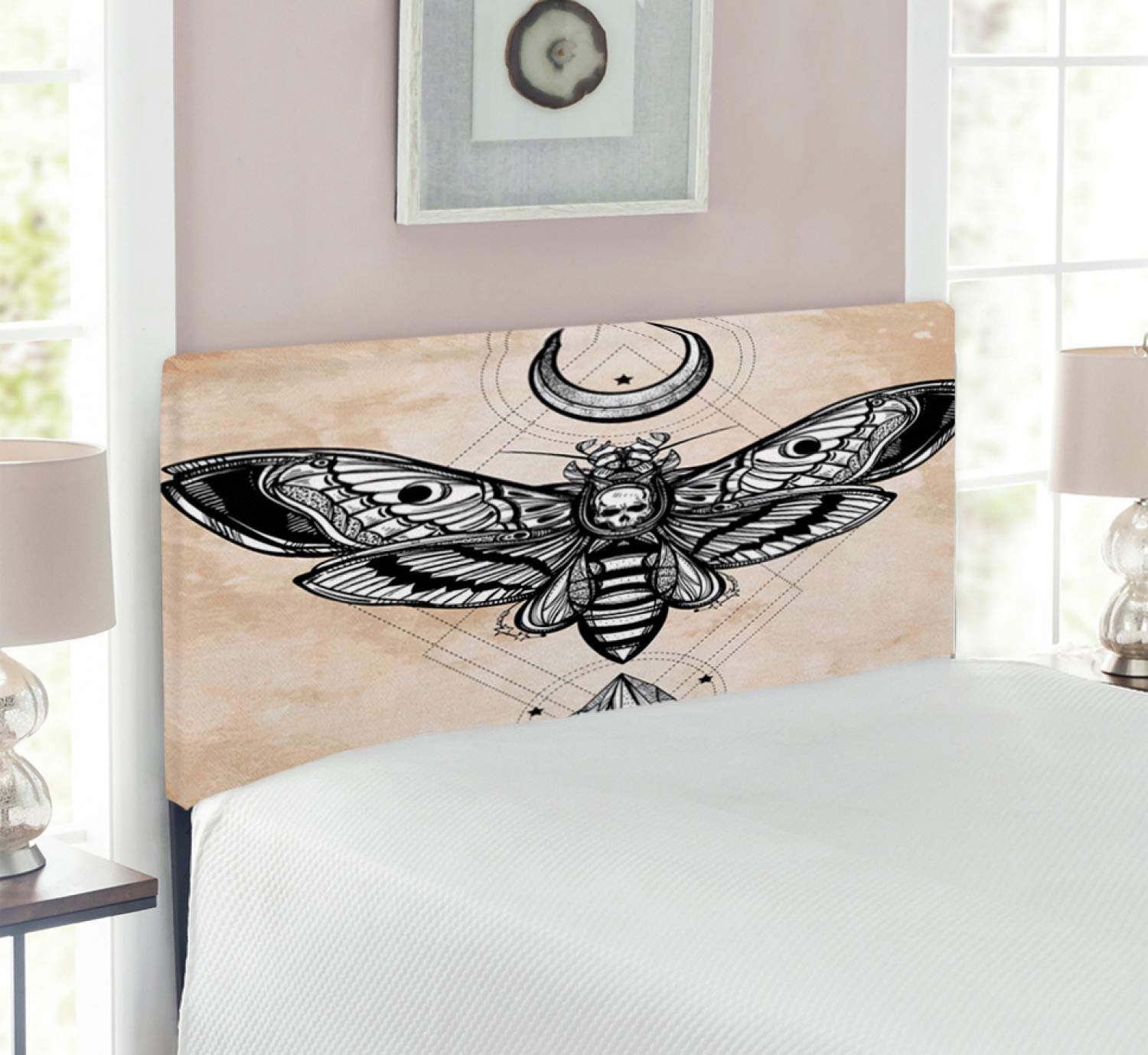 Ambesonne Gothic Fantasy Headboard - Dead Head Hawk Moth & Magic Skull Design, Upholstered Metal Bed Frame with Memory Foam, Twin Size, White Black Cream - Perfect for Gothic Bedroom Decor, Horror Theme Rooms & Dark Fantasy Interior Design