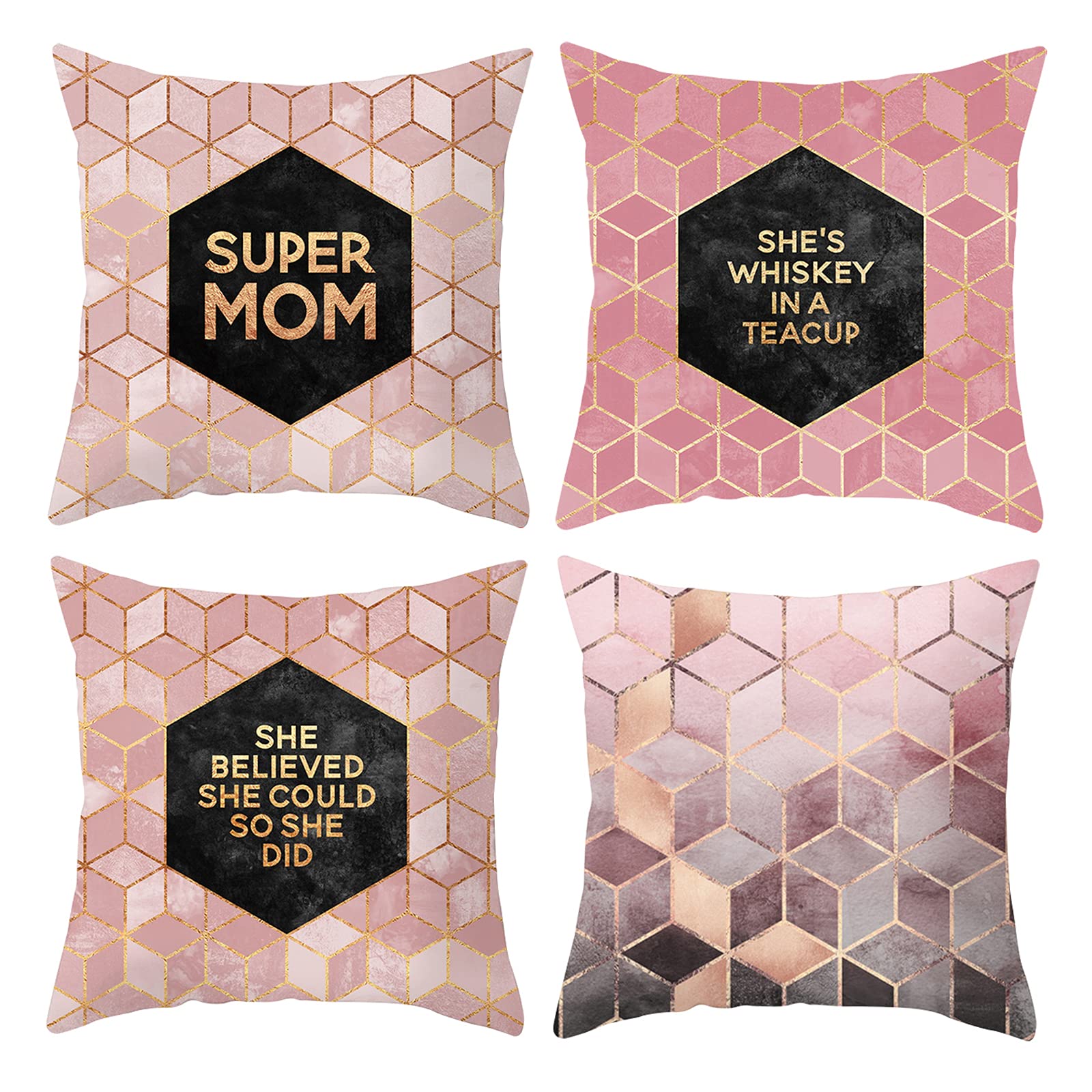 Stylish HOSTECCO Pink Geometric Throw Pillow Covers Set of 4 - 18x18 Inch Square Decorative Cushion Covers for Sofa, Couch & Bed - Soft Home Decor Accent for Living Room, Bedroom or Nursery
