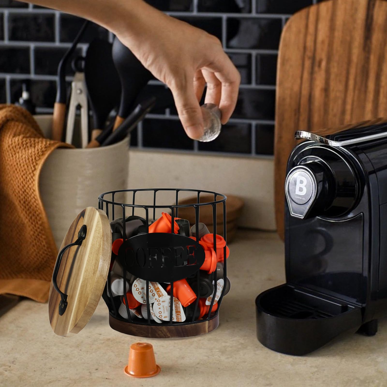 **Acacia Wood Coffee Pod Holder - Large Capacity K-Cup Storage Organizer with Wooden Base - Perfect for Kitchen Countertop & Coffee Bar Decor - Holds Pods & Capsules - Ideal for Keurig, Nespresso & Single-Serve Coffee Machines**