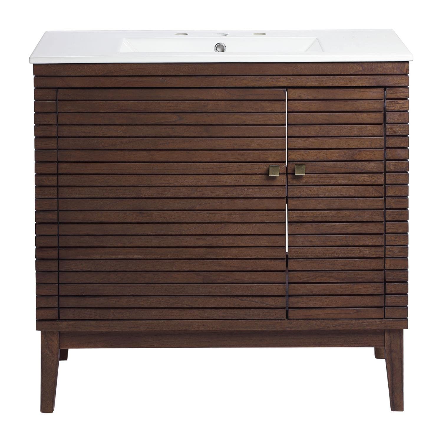 Modway Ledger 36 Inch Walnut White Wood Bathroom Vanity Cabinet with Mirror - Modern Storage for Small Bathrooms & Powder Rooms