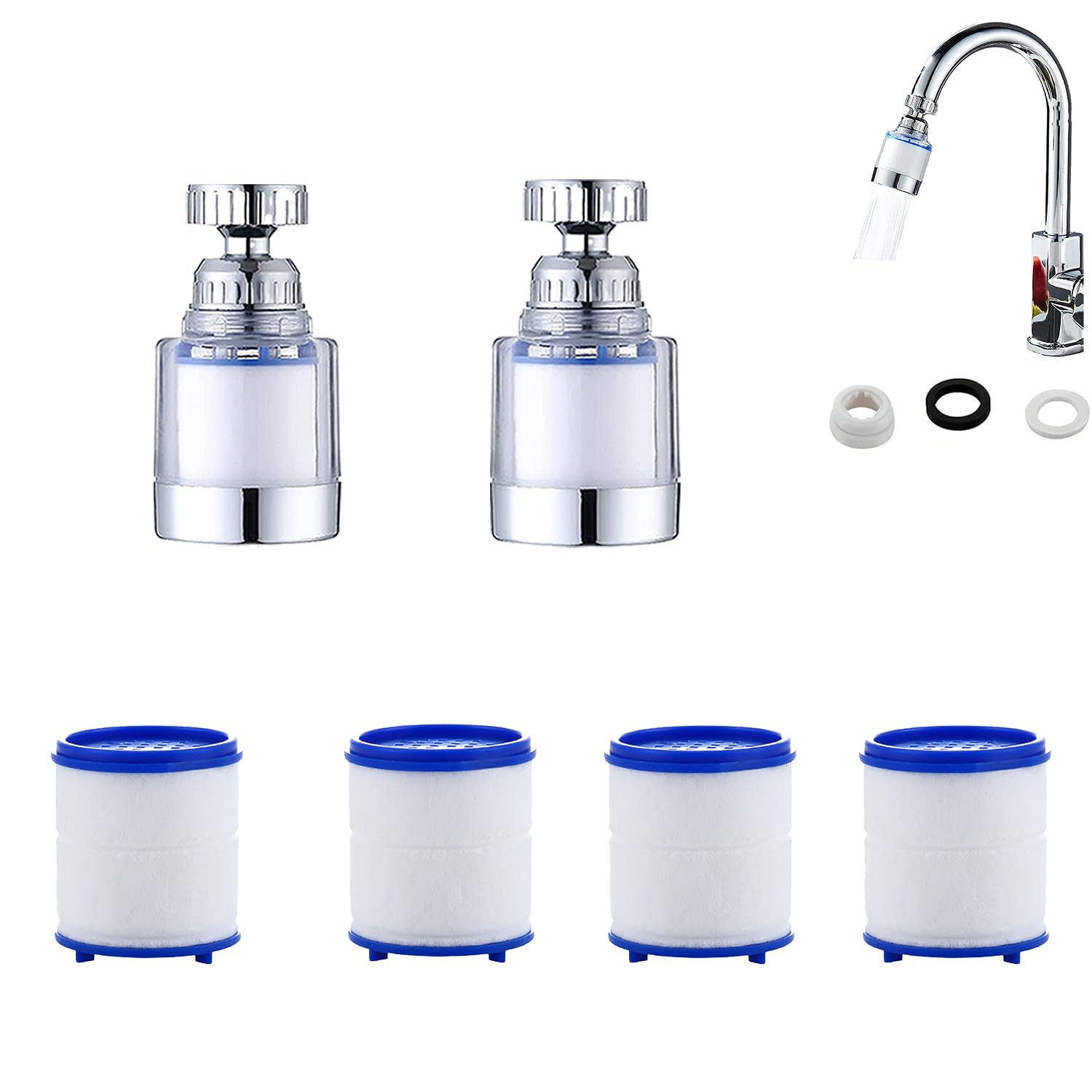 2-Pack Faucet Water Filter with 4 Replacement Cartridges - 360° Swivel Tap Water Purifier for Kitchen & Bathroom Sink - Removes Heavy Metals & Hard Water - Perfect for Drinking, Cooking & Washing