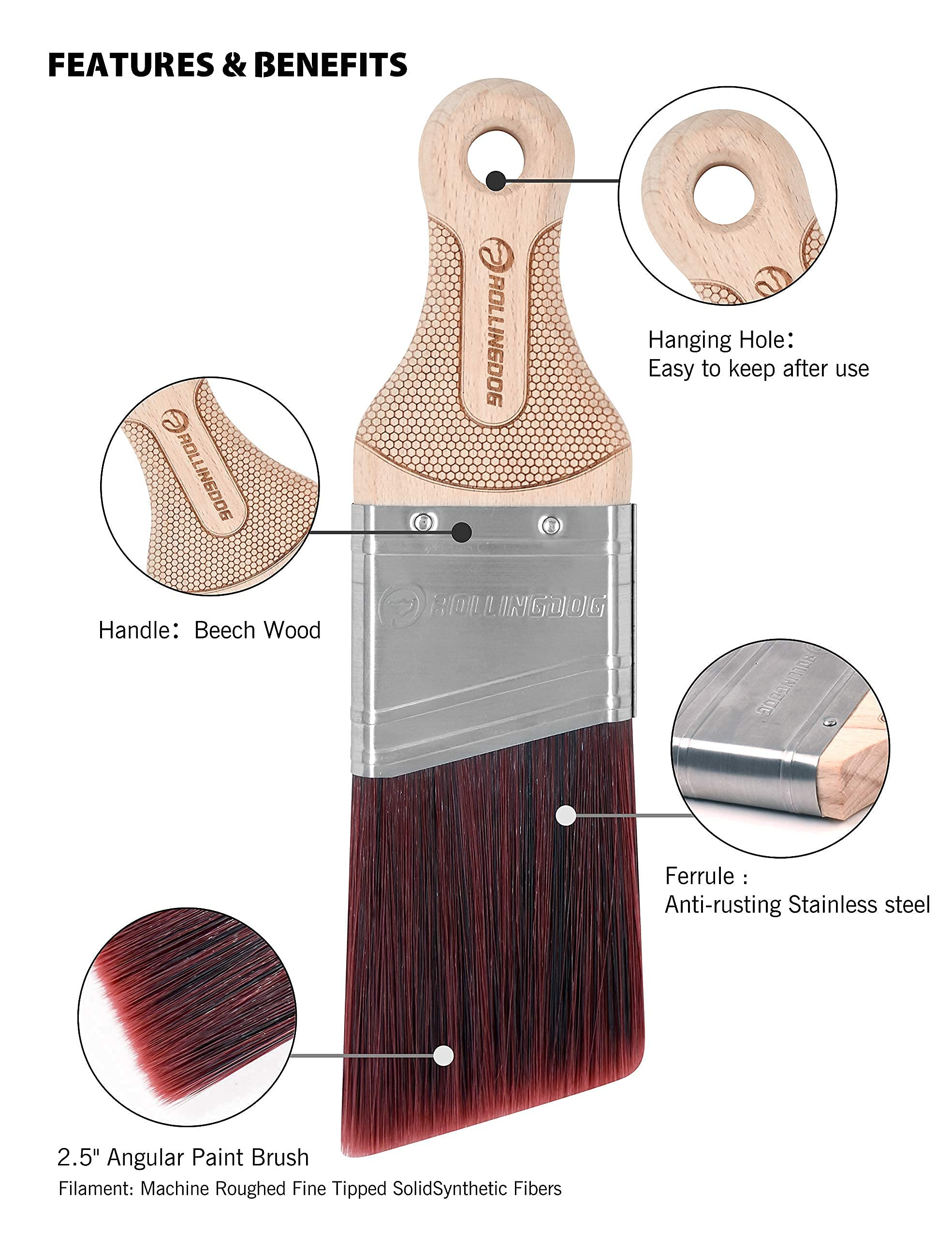 ROLLINGDOG 2 Inch Cutting-in Paint Brush with Short Handle & Flexible Clips - Professional Artist & Contractor Tool for Wall Trimming, Detail Work - Keep Brushes Clean & Organized at Job Sites, Home DIY Projects