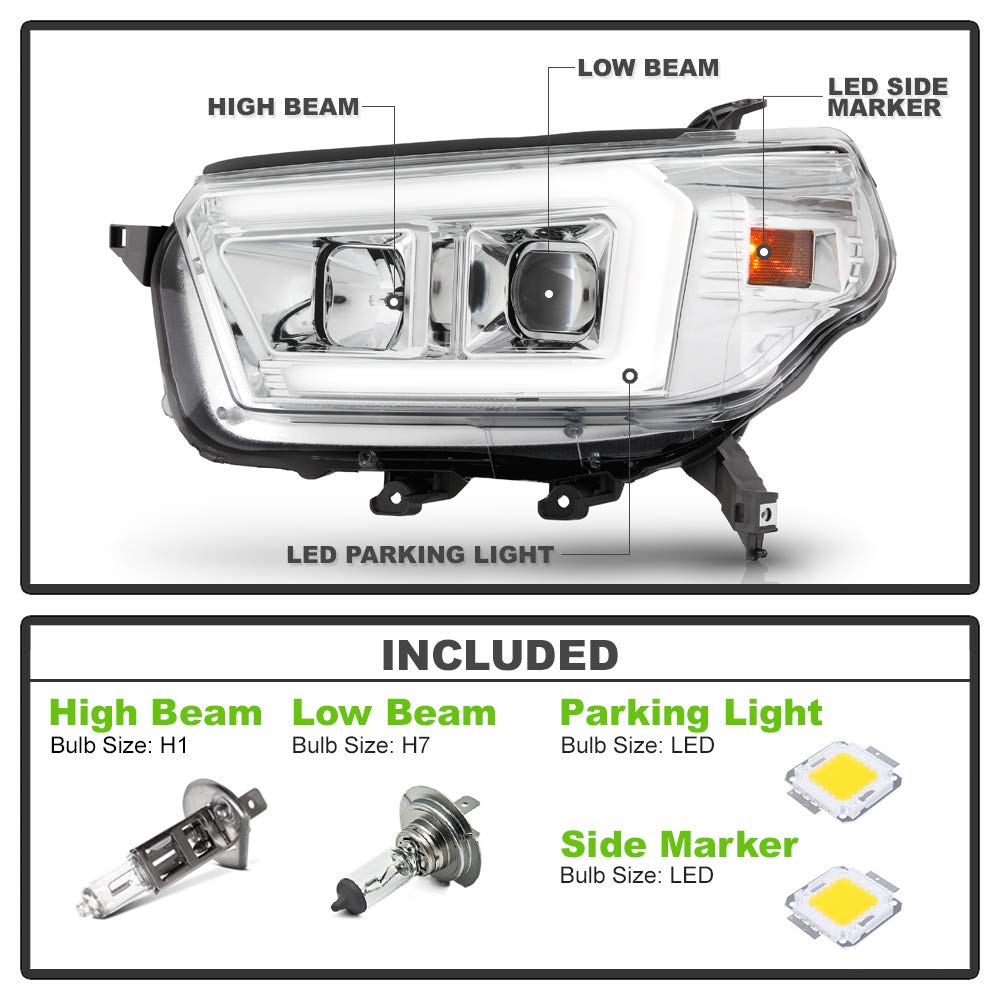 ACANII LED Projector Headlights for 2010-2013 Toyota 4Runner - Chrome Tube Style Upgrade Headlamps Pair (Left+Right) | Enhanced Night Driving & Off-Road Visibility