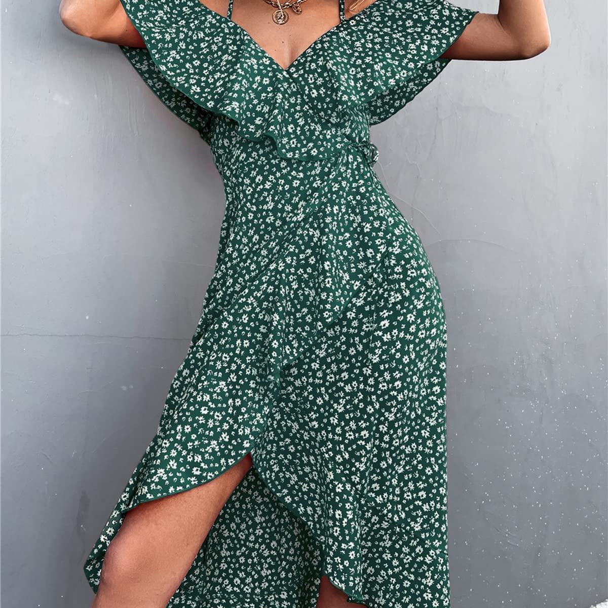 OTBK Women's Green Polka Dot Off Shoulder Maxi Dress with Belt - Short Sleeve, High Waist, Pleated Long Dress (Size S/Small) - Perfect for Summer Parties, Beach Vacations & Date Nights
