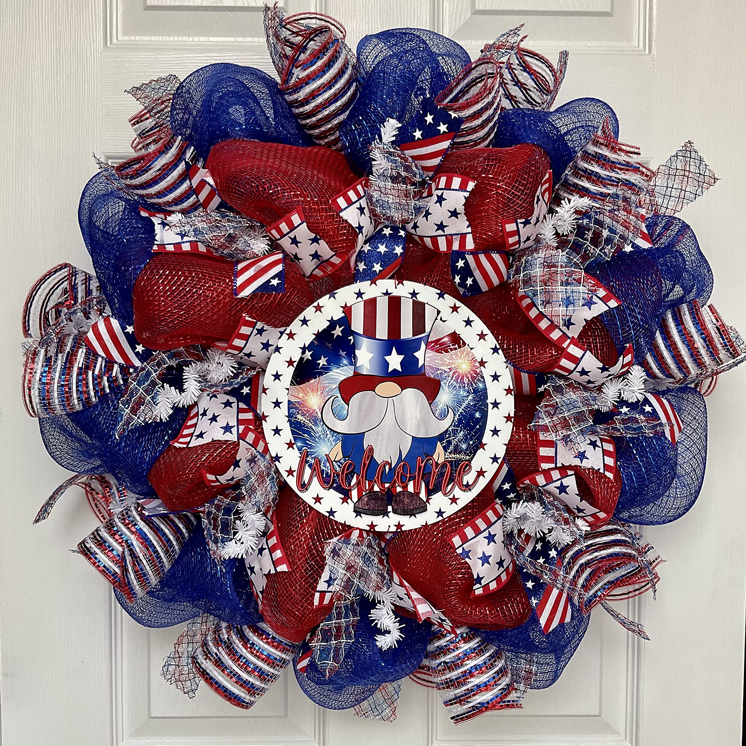 Handmade Patriotic Gnome & Welcome Wreath - 4th of July, Memorial Day, Veterans Day Decor - Perfect for Front Door, Porch, and Garden Decorations