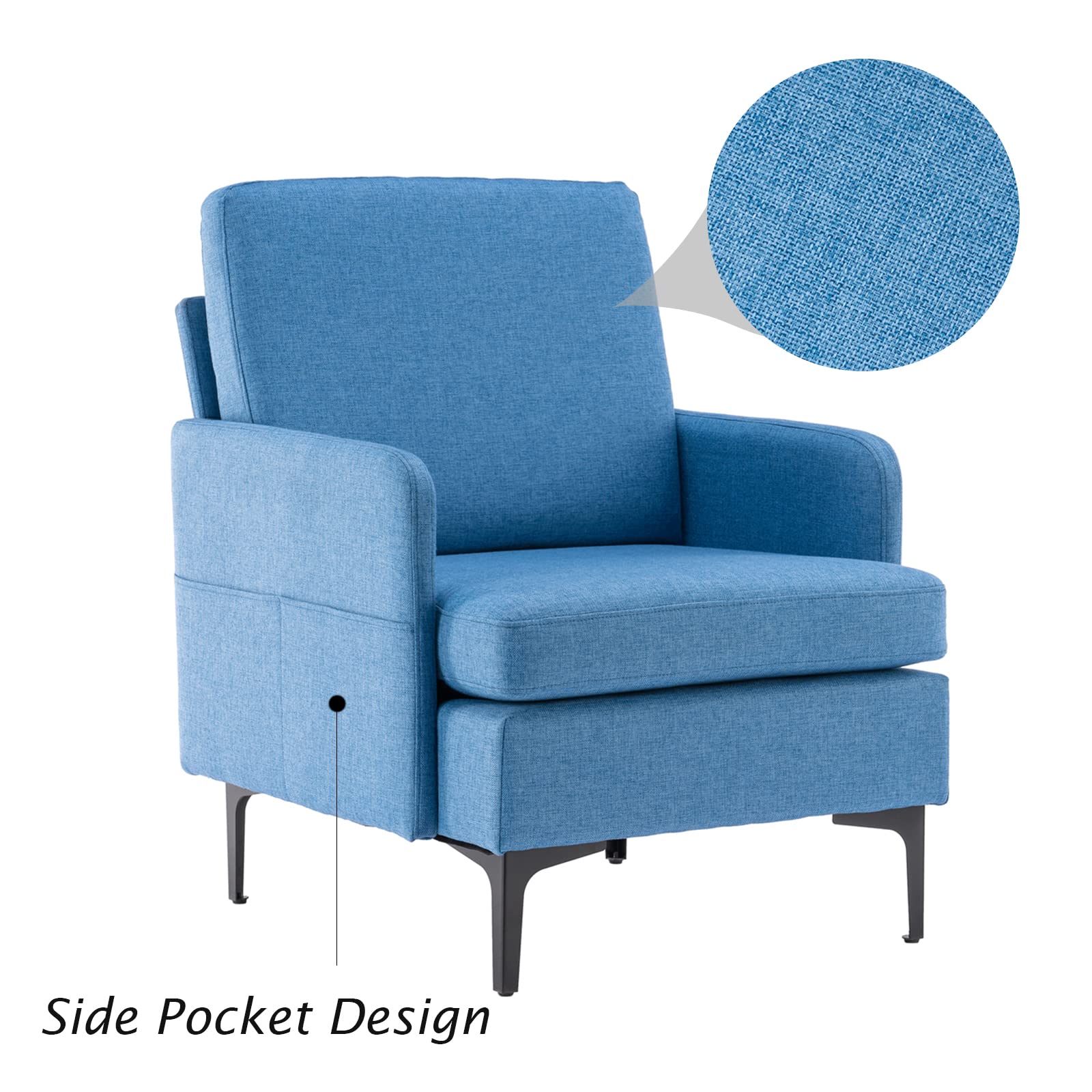 HomVent Upholstered Armchair with Slope Back & Black Metal Legs - Linen Fabric Living Room Chair with Padded Seat Cushion - Perfect for Lounge, Reading Nook & Home Office Decor