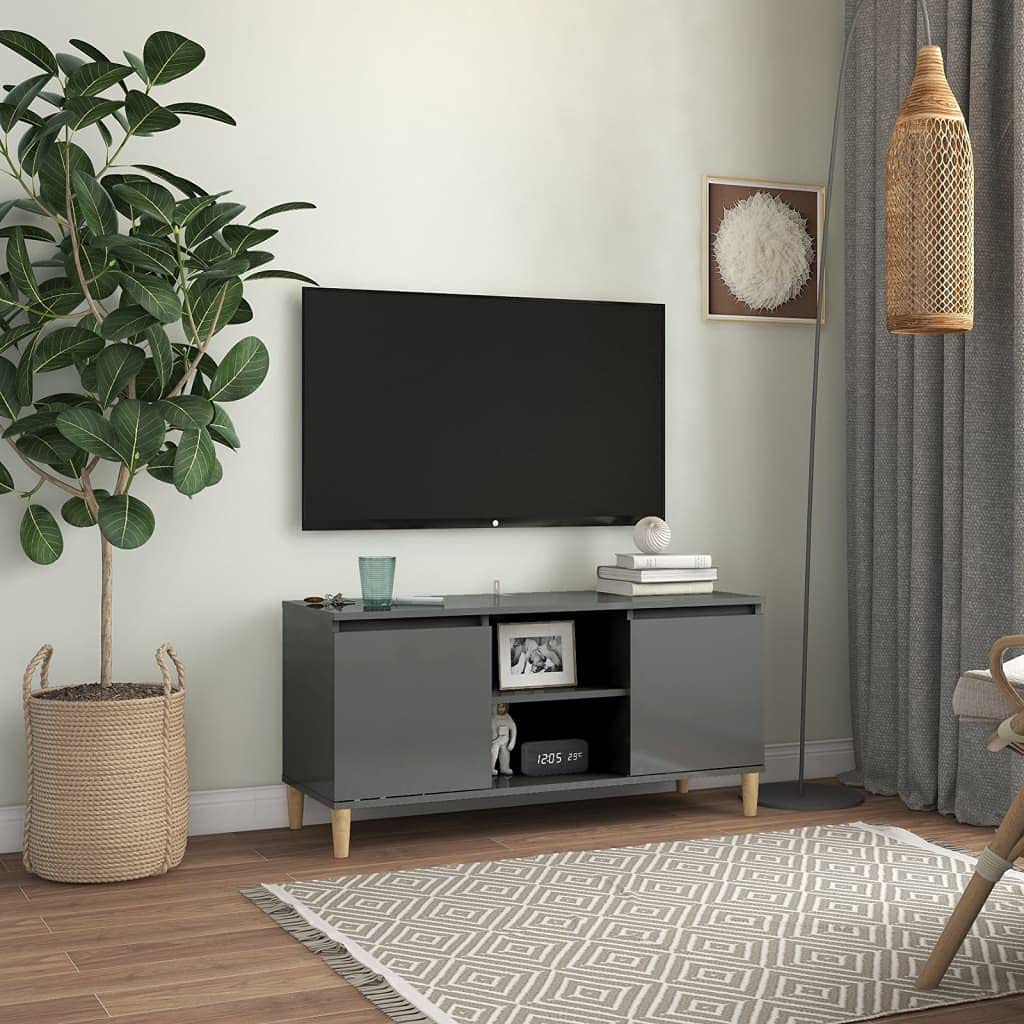 Modern TV Stand with Solid Wood Legs - High Gloss Gray TV Cabinet 40.7