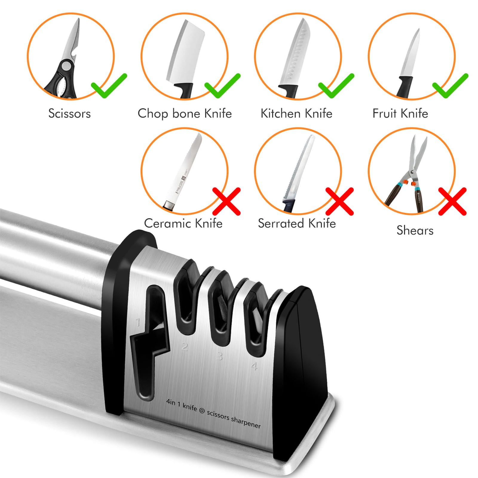 4-in-1 Professional Knife Sharpener - Kitchen Blade & Scissors Sharpening Tool for Chefs | Manual Knife Sharpener for Home & Restaurant Use | Perfect for Kitchen Prep, Camping & Outdoor Cooking
