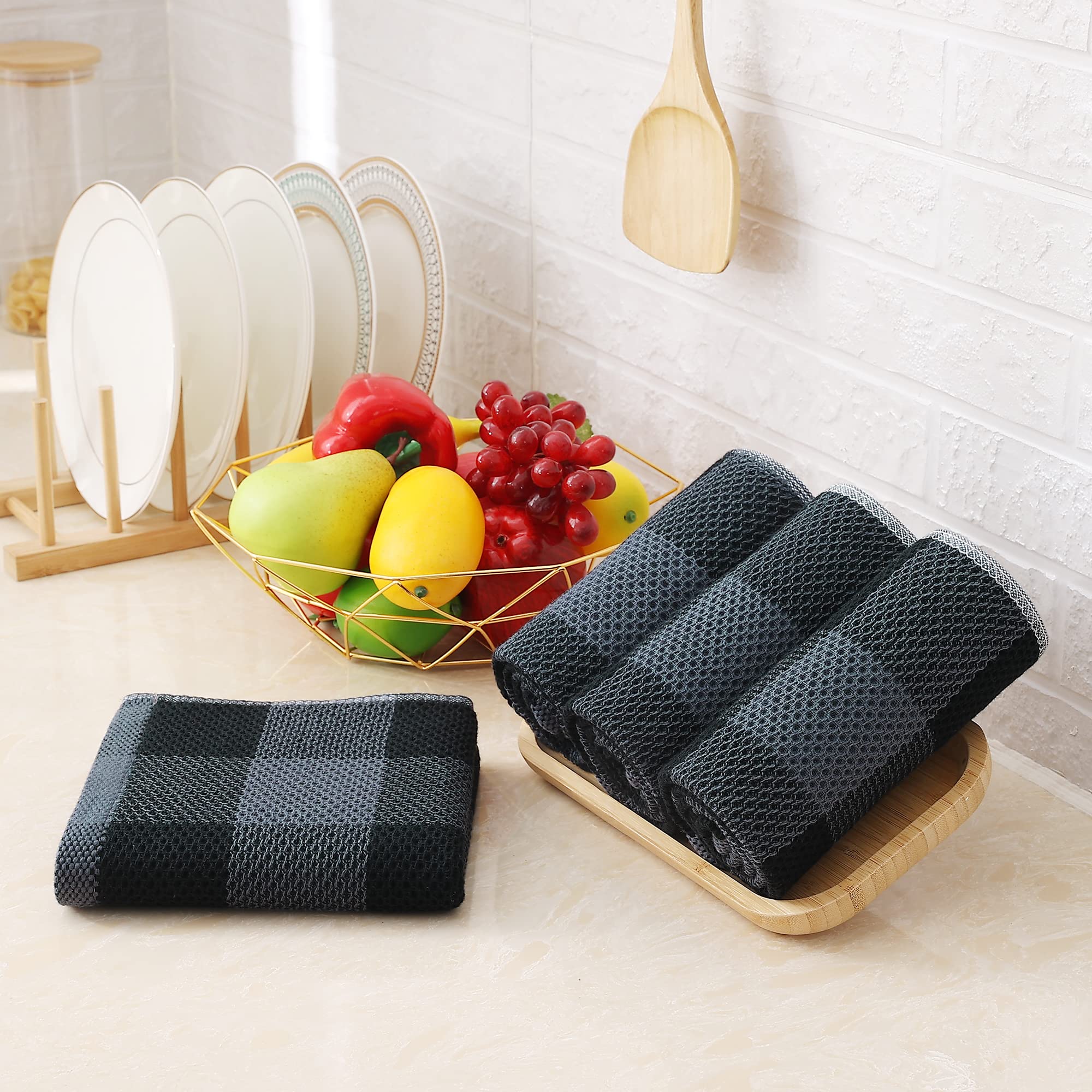 Homaxy 100% Cotton Waffle Weave Kitchen Towels - Super Soft & Absorbent for Dishes - 4-Pack Black & Grey - Perfect for Kitchen & Dining