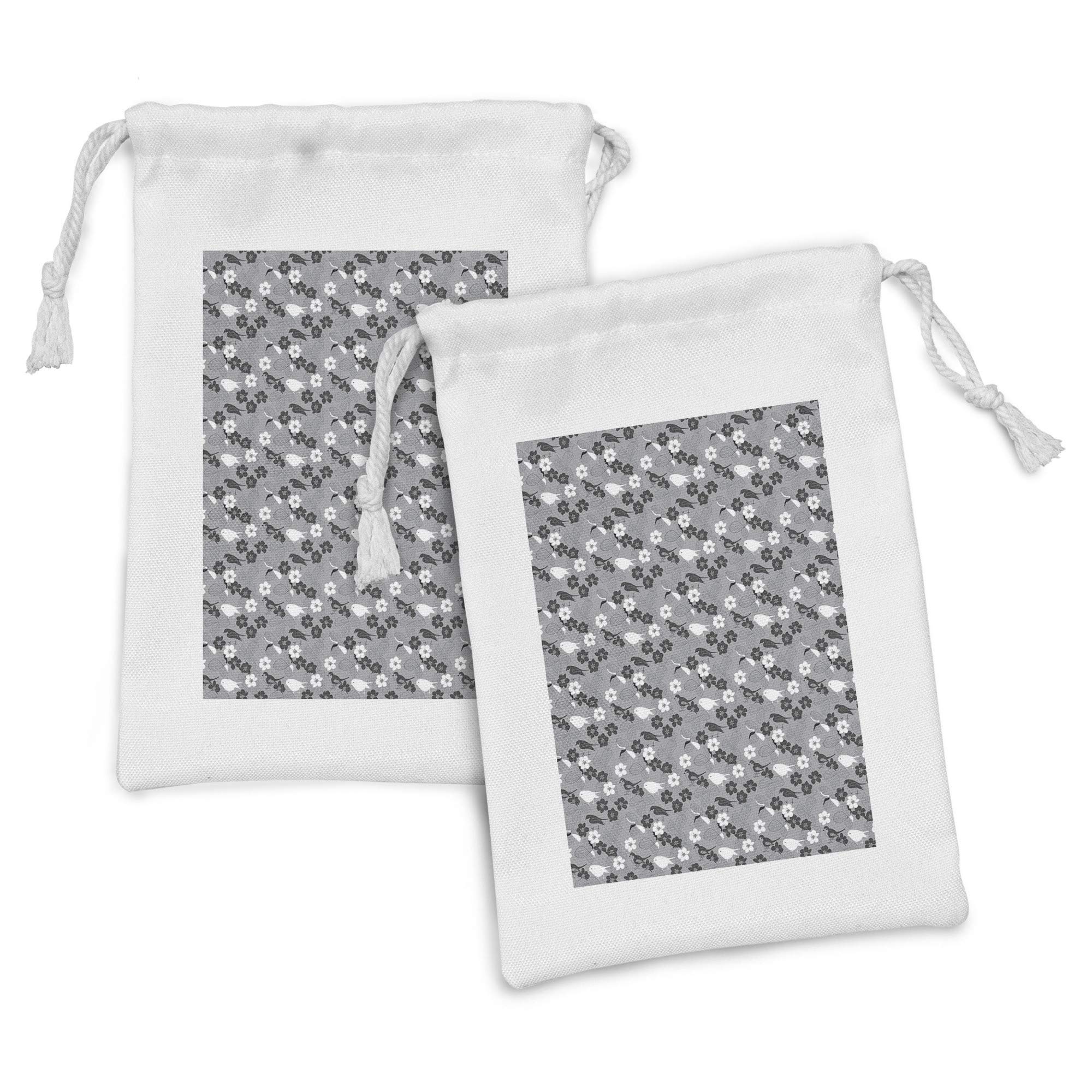 Ambesonne Grey and White Fabric Pouch Set of 2 - Bird Silhouette Floral Drawstring Bags for Toiletries, Travel Essentials & Party Favors (9