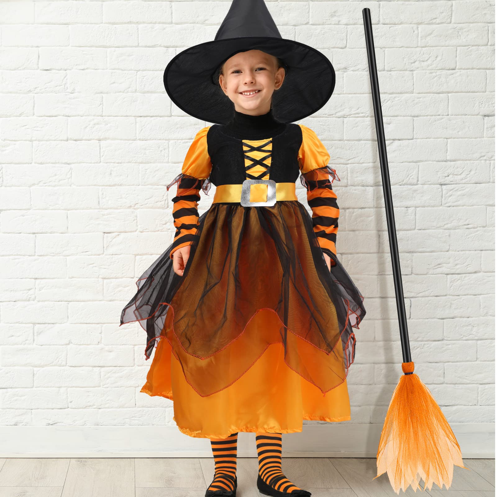 4 Pcs Halloween Witch Costume Set for Kids - Cute Witch Hat, Broom, Tutu & Striped Stockings - Perfect for Girls' Fairy Tale Dress Up, Trick or Treat & Halloween Parties