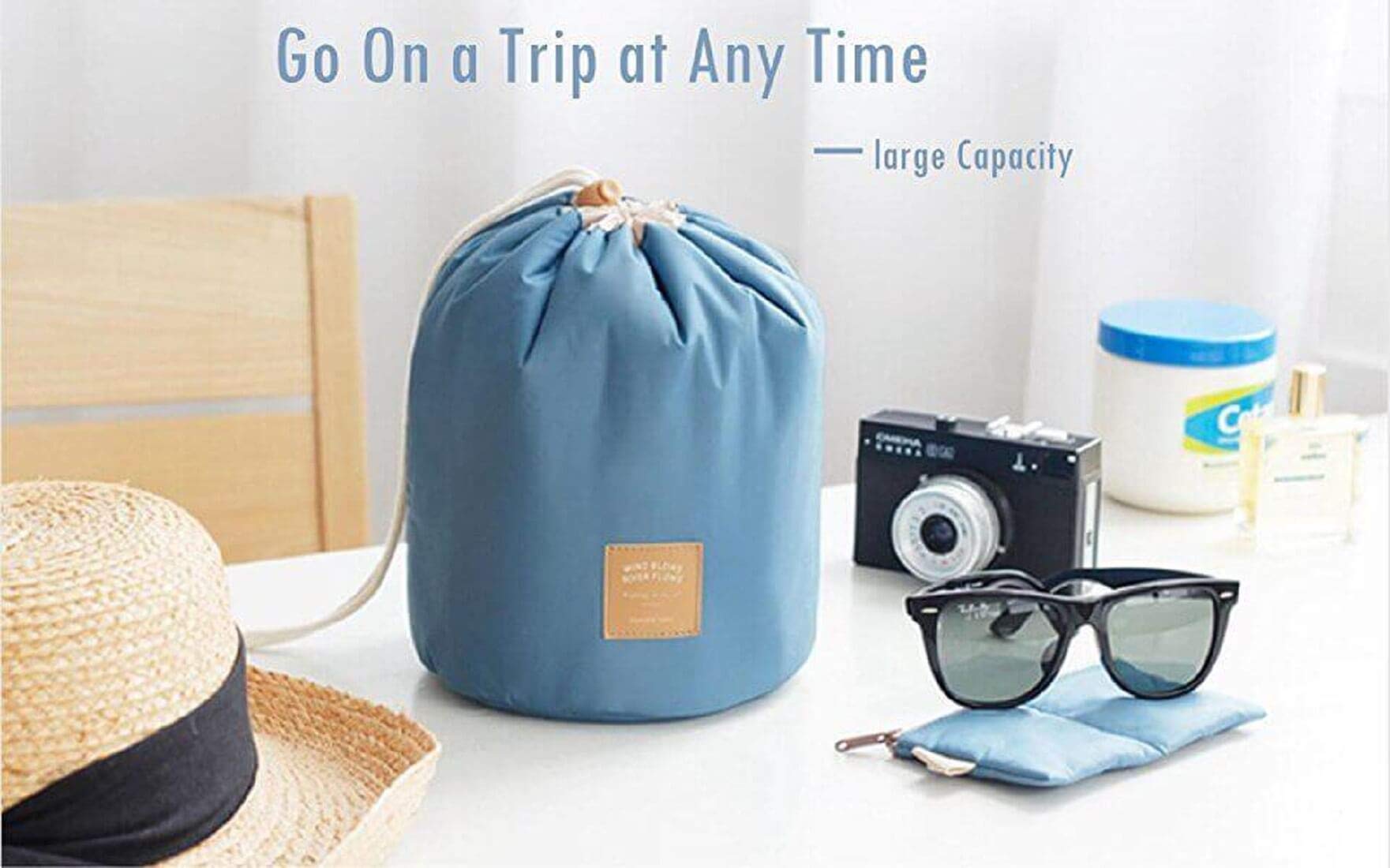 Awestuffs Large Barrel Shaped Travel Cosmetic Bag - Hanging Toiletry Organizer with Drawstring, Mini Zipper Jewelry Pocket & Clear PVC Pouch for Makeup Brushes (Blue) - Perfect for Travel, Camping, Gym & Daily Cosmetics Storage