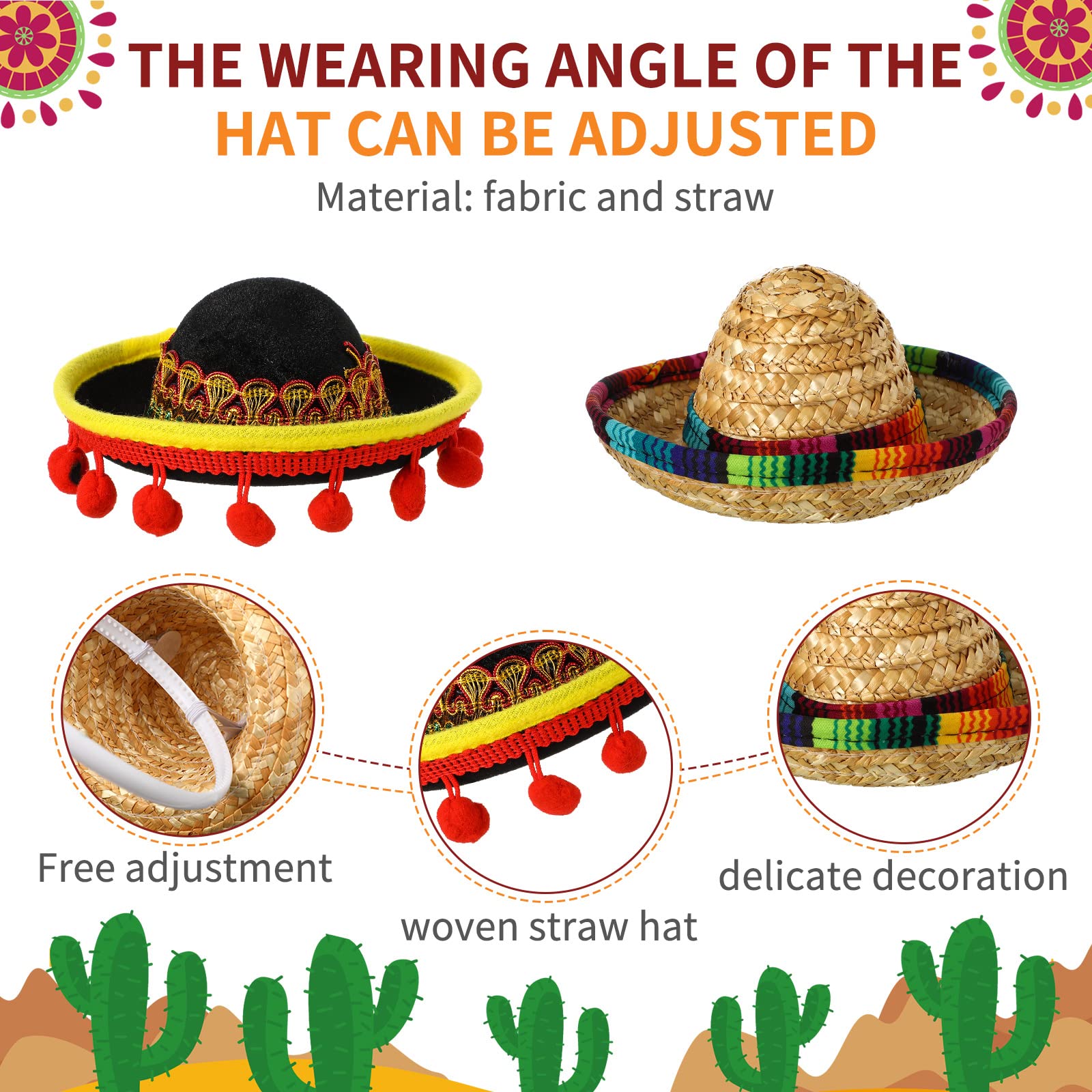 JaGely 4-Piece Cinco De Mayo Mexican Fiesta Costume Set - Serape Poncho, Straw Sombrero & Headbands for Adults & Kids - Perfect for Mexican Themed Parties, Halloween & Festive Celebrations