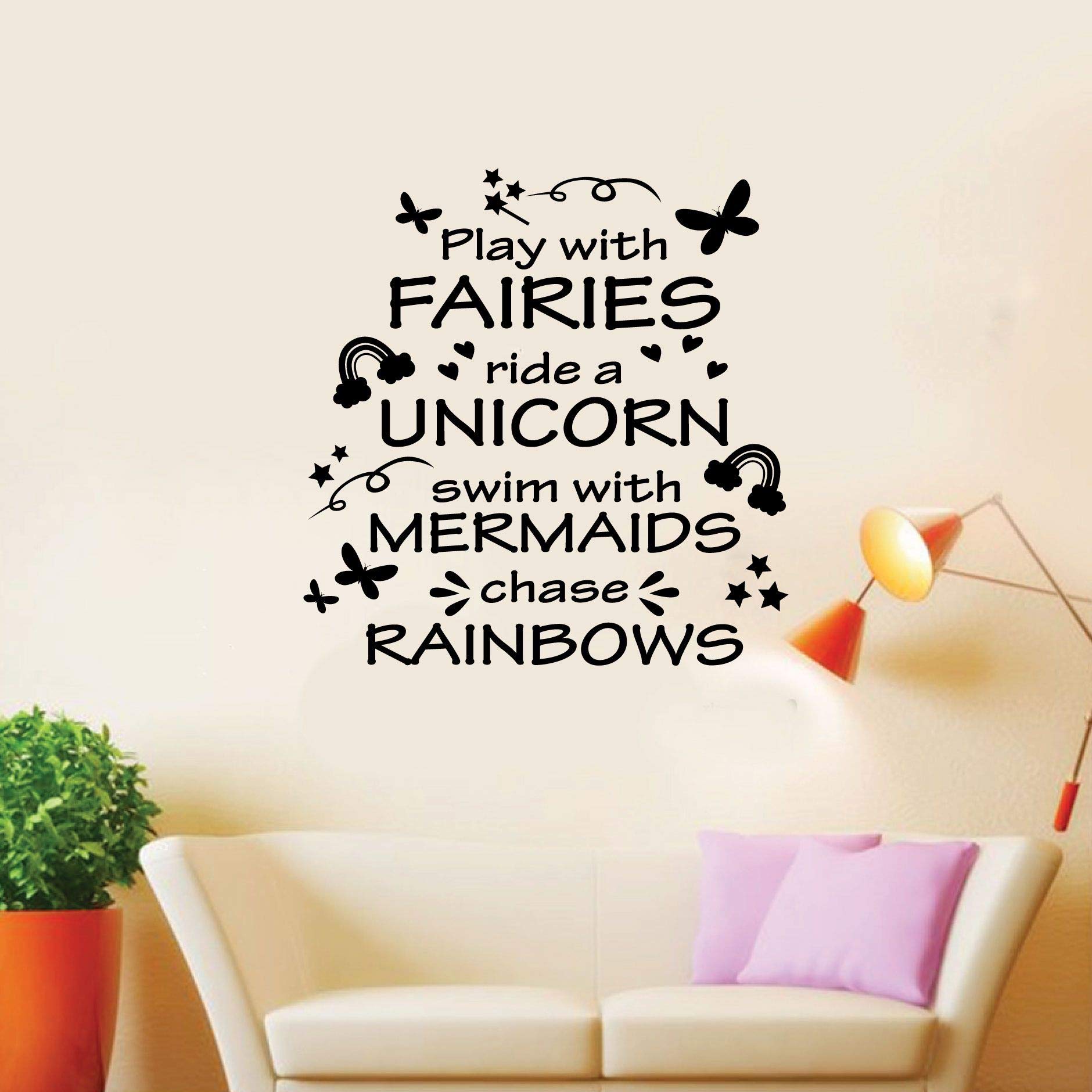 Play With Fairies Ride With Unicorn - Cute Vinyl Wall Art Sticker Decal for Home, Kids Room, Nursery (40x40 inch) - Perfect for Girls & Boys Bedroom Decor, Playroom, and Fantasy Theme Rooms