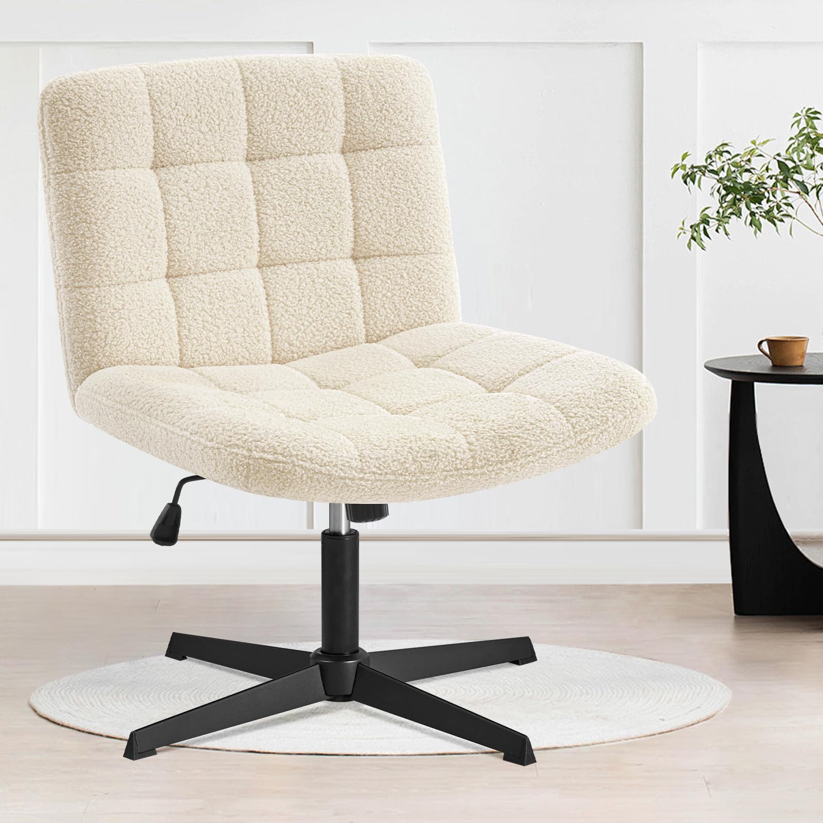 Furniliving Home Office Desk Chair - No Wheels, Criss Cross Leg Design, Wide Armless Chair with Adjustable Height & Mid Back Support - Swivel Vanity Chair in Sherpa Ivory White - Perfect for Small Spaces, Reading Nooks & Makeup Stations