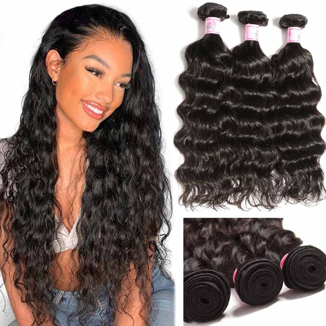 Beauty Forever 8A Brazilian Virgin Hair Extensions - 100% Unprocessed Human Hair Weave Bundles (3 Pcs) in Natural Wave & Wet Wavy Style - 22 24 26 Inch Natural Color | Perfect for Daily Wear, Parties & Special Occasions